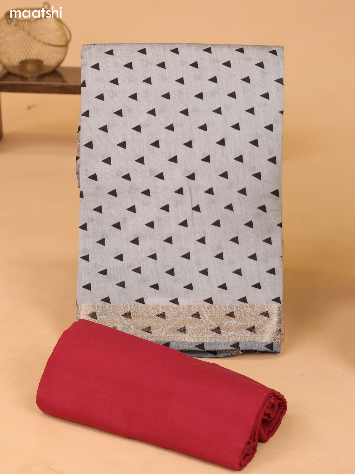 Grey and Maroon Art Silk Dress Material With Allover Prints and Bottom & Kalamkari Dupatta