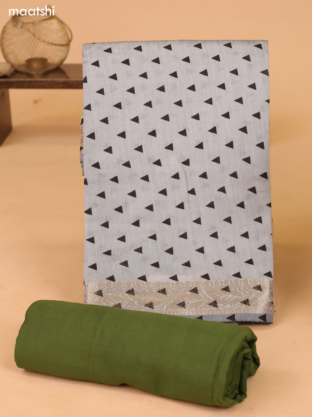 Grey and Green Art Silk Dress Material With Allover Prints and Bottom & Kalamkari Dupatta