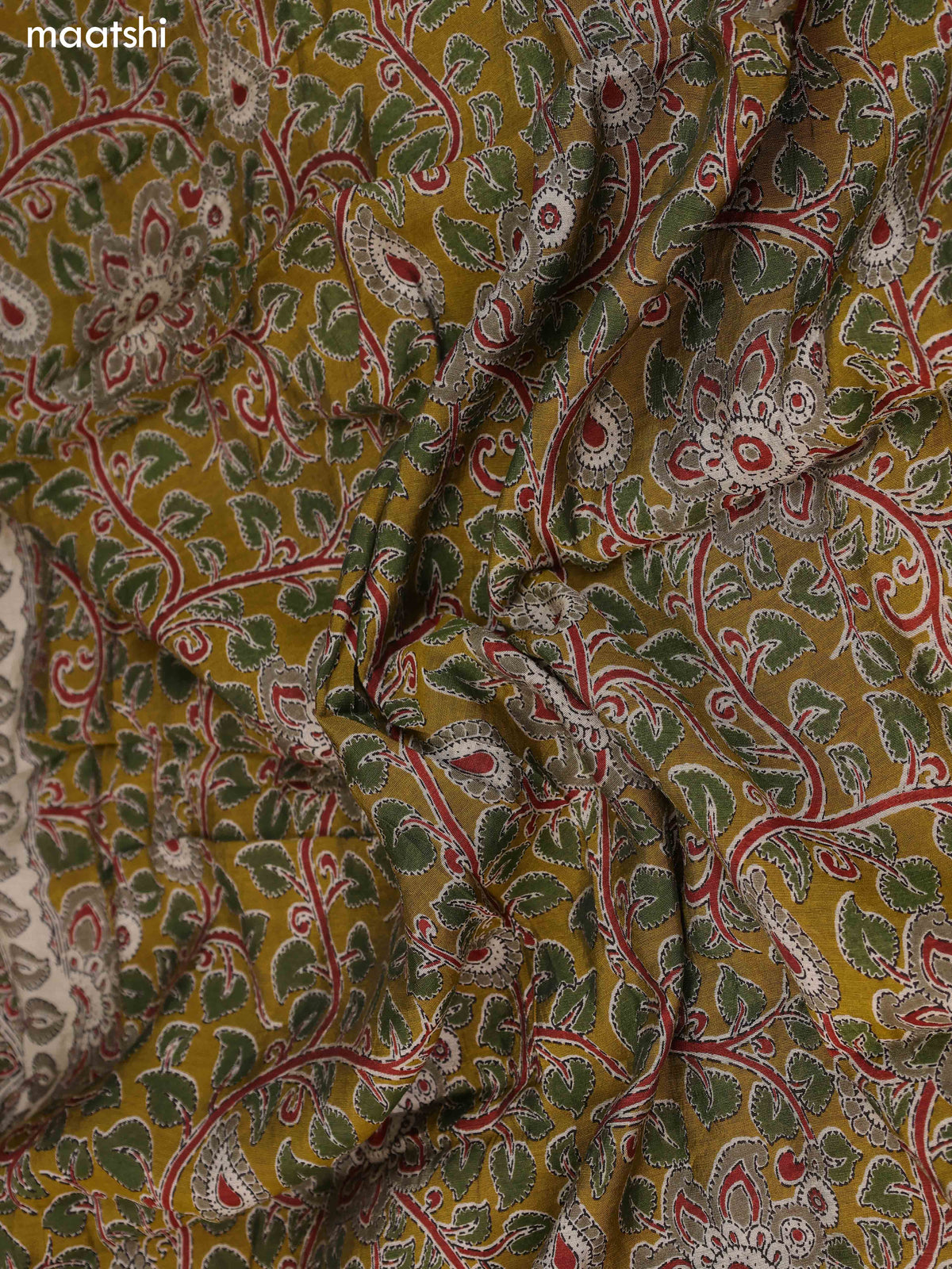 Grey and Green Art Silk Dress Material With Allover Prints and Bottom & Kalamkari Dupatta