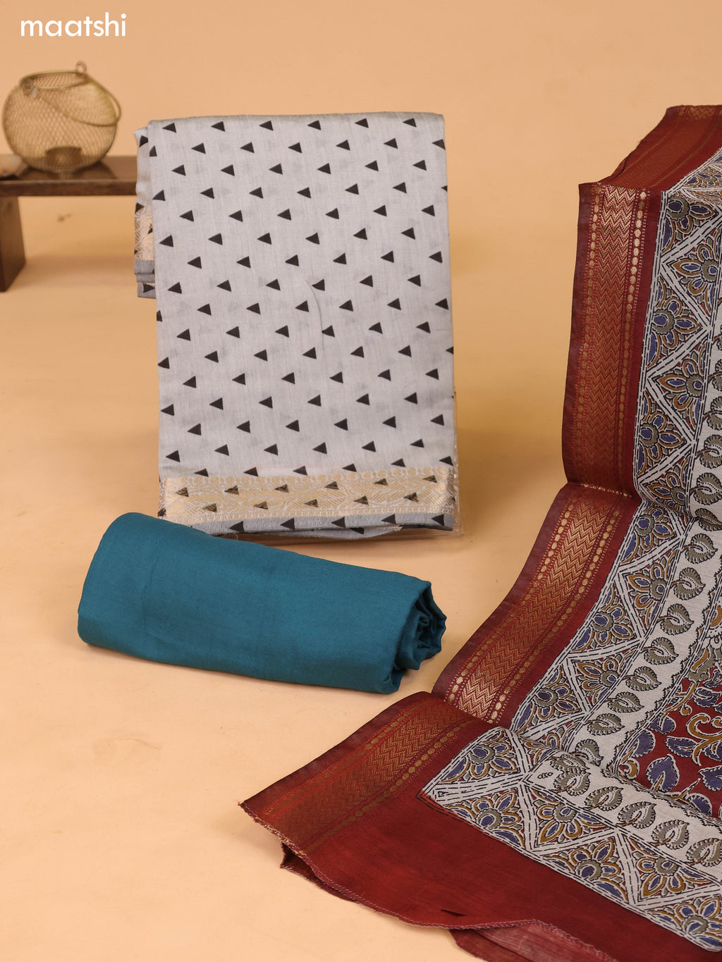 Grey and Teal Blue Art Silk Dress Material With Allover Prints and Bottom & Kalamkari Dupatta