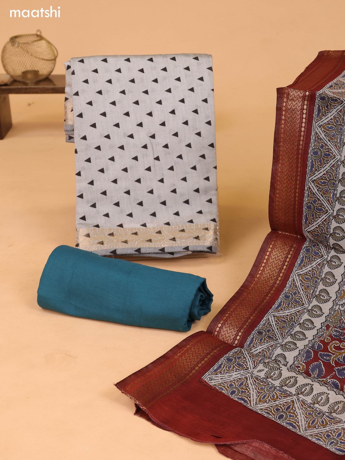 Grey and Teal Blue Art Silk Dress Material With Allover Prints and Bottom & Kalamkari Dupatta