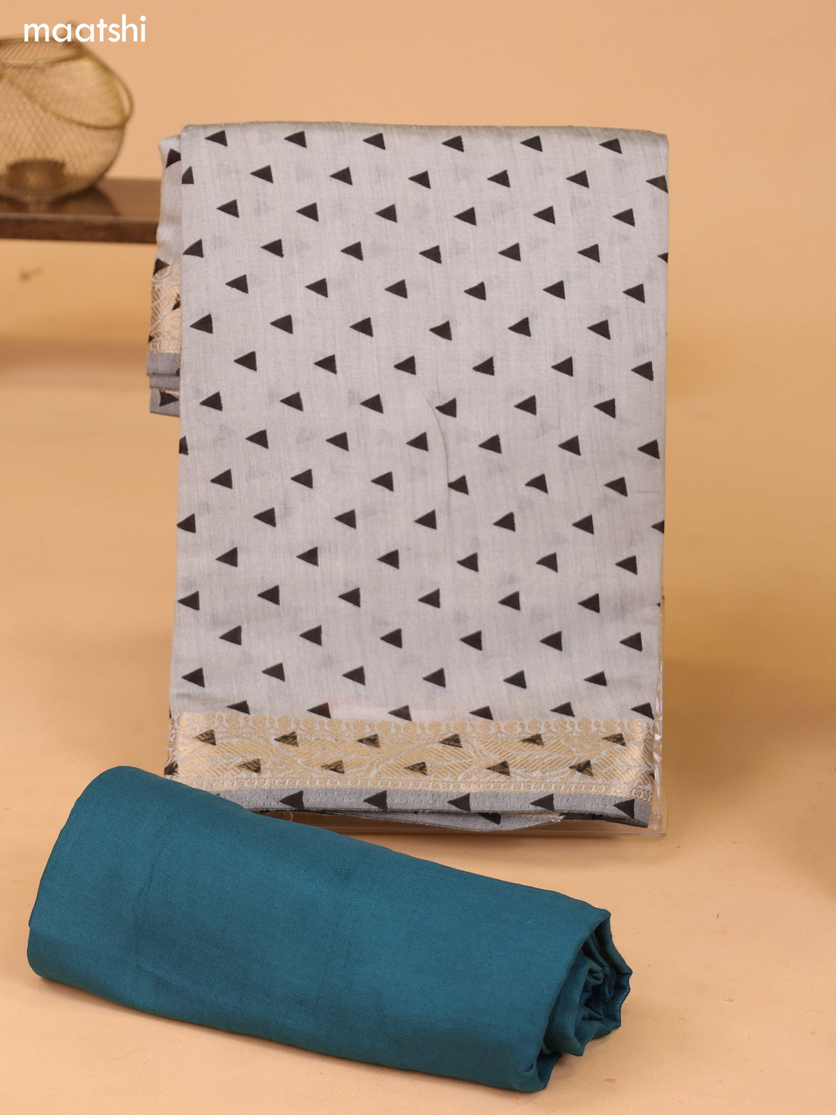 Grey and Teal Blue Art Silk Dress Material With Allover Prints and Bottom & Kalamkari Dupatta