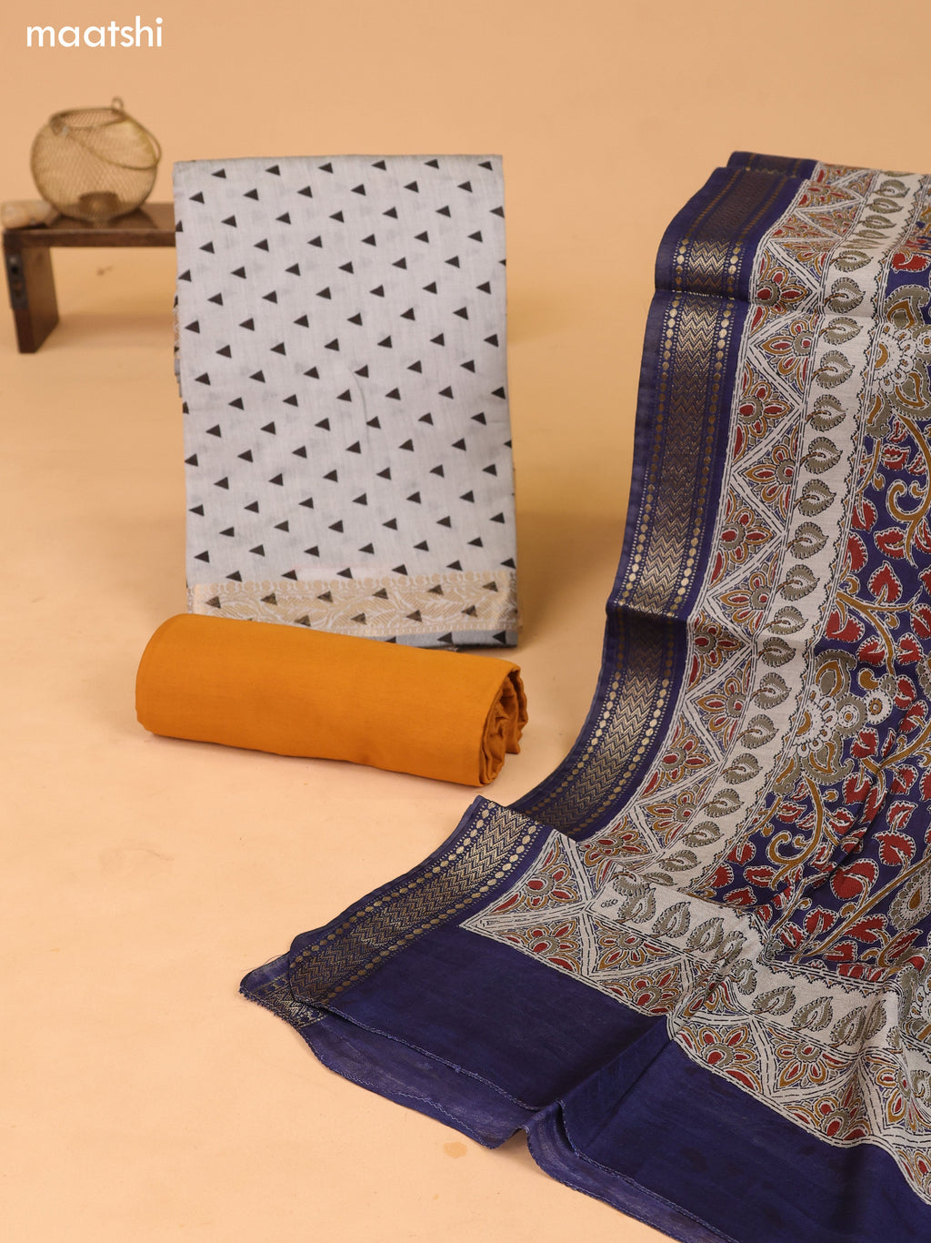 Grey and Mustard Yellow Art Silk Dress Material With Allover Prints and Bottom & Kalamkari Dupatta