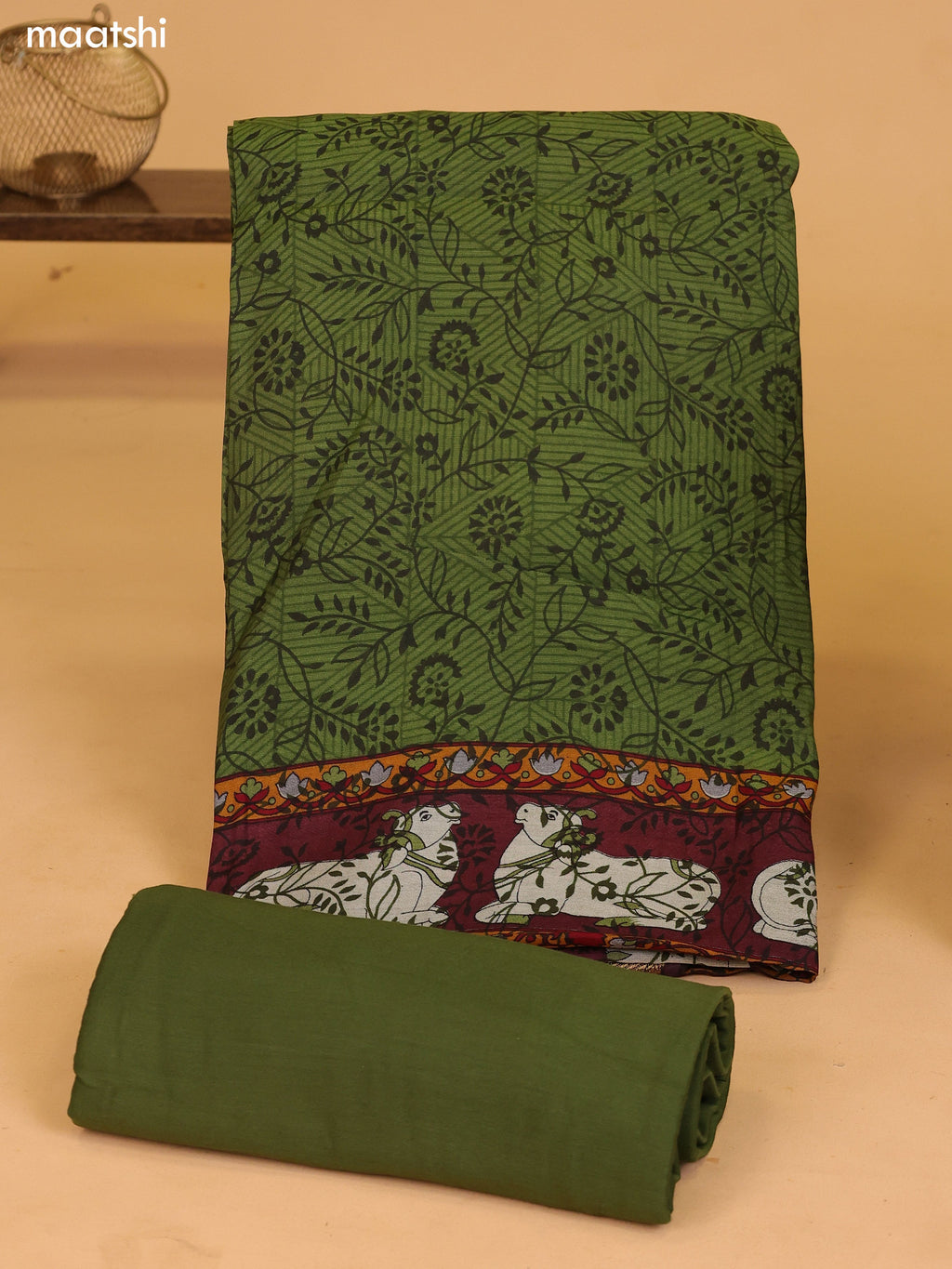 Green Art Silk Dress Material With Allover Prints and Bottom & Dupatta