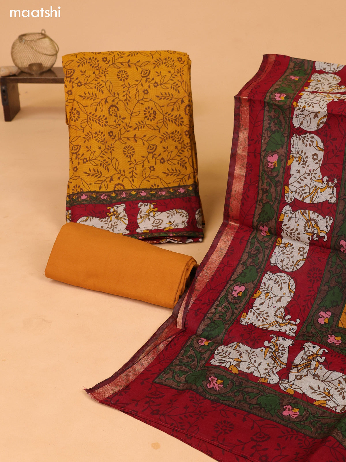 Mustard Art Silk Dress Material With Allover Prints and Bottom & Dupatta