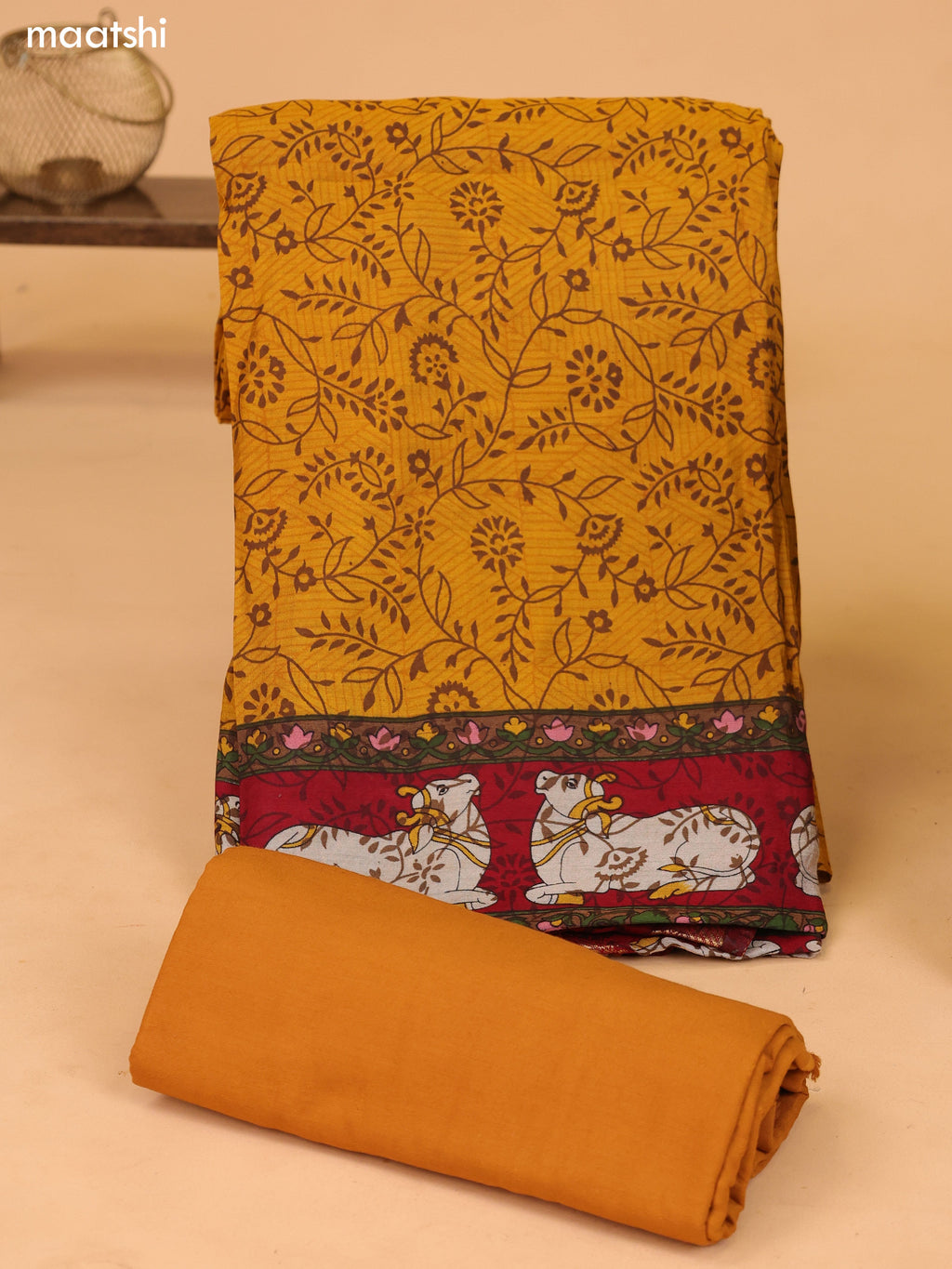 Mustard Art Silk Dress Material With Allover Prints and Bottom & Dupatta