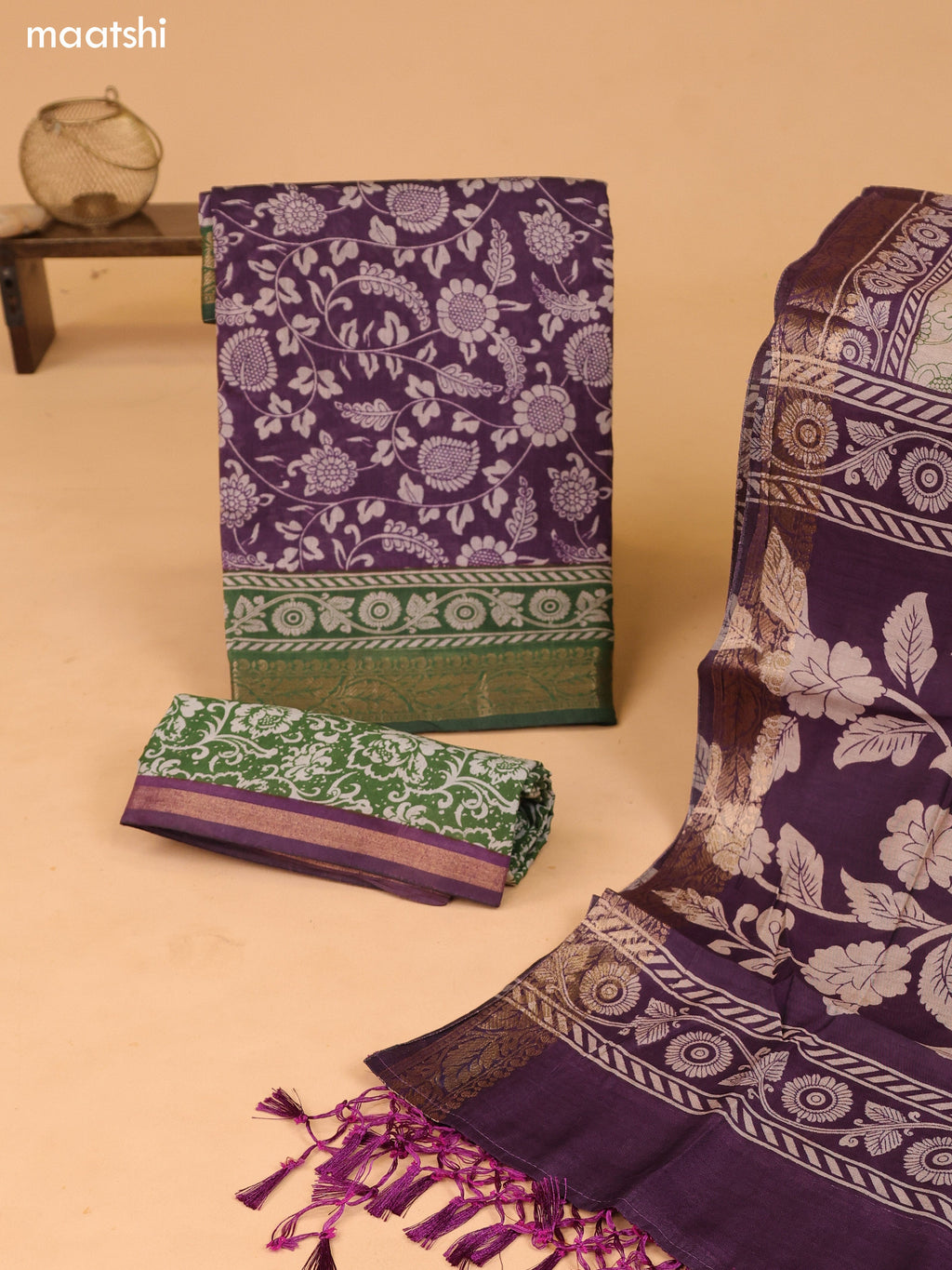 Purple and Green Art Silk Dress Material With Allover Kalamkari Prints and Bottom & Dupatta