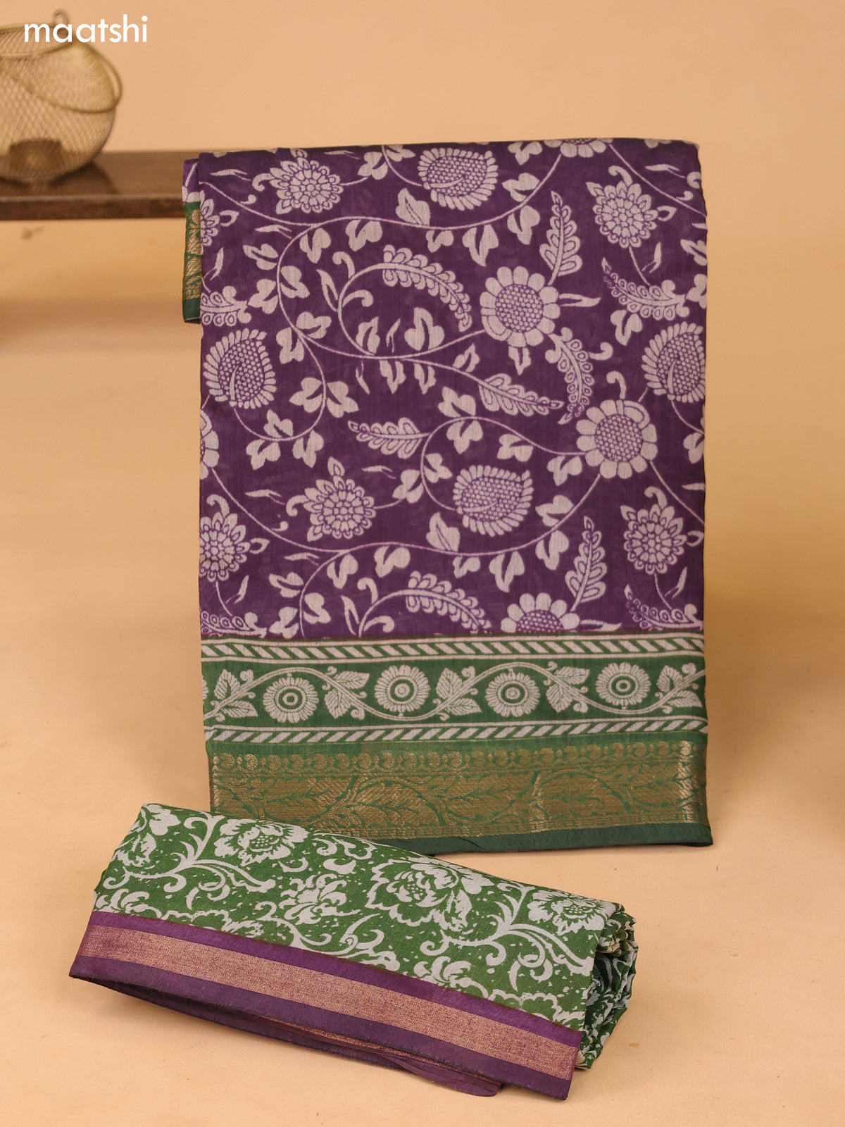 Purple and Green Art Silk Dress Material With Allover Kalamkari Prints and Bottom & Dupatta