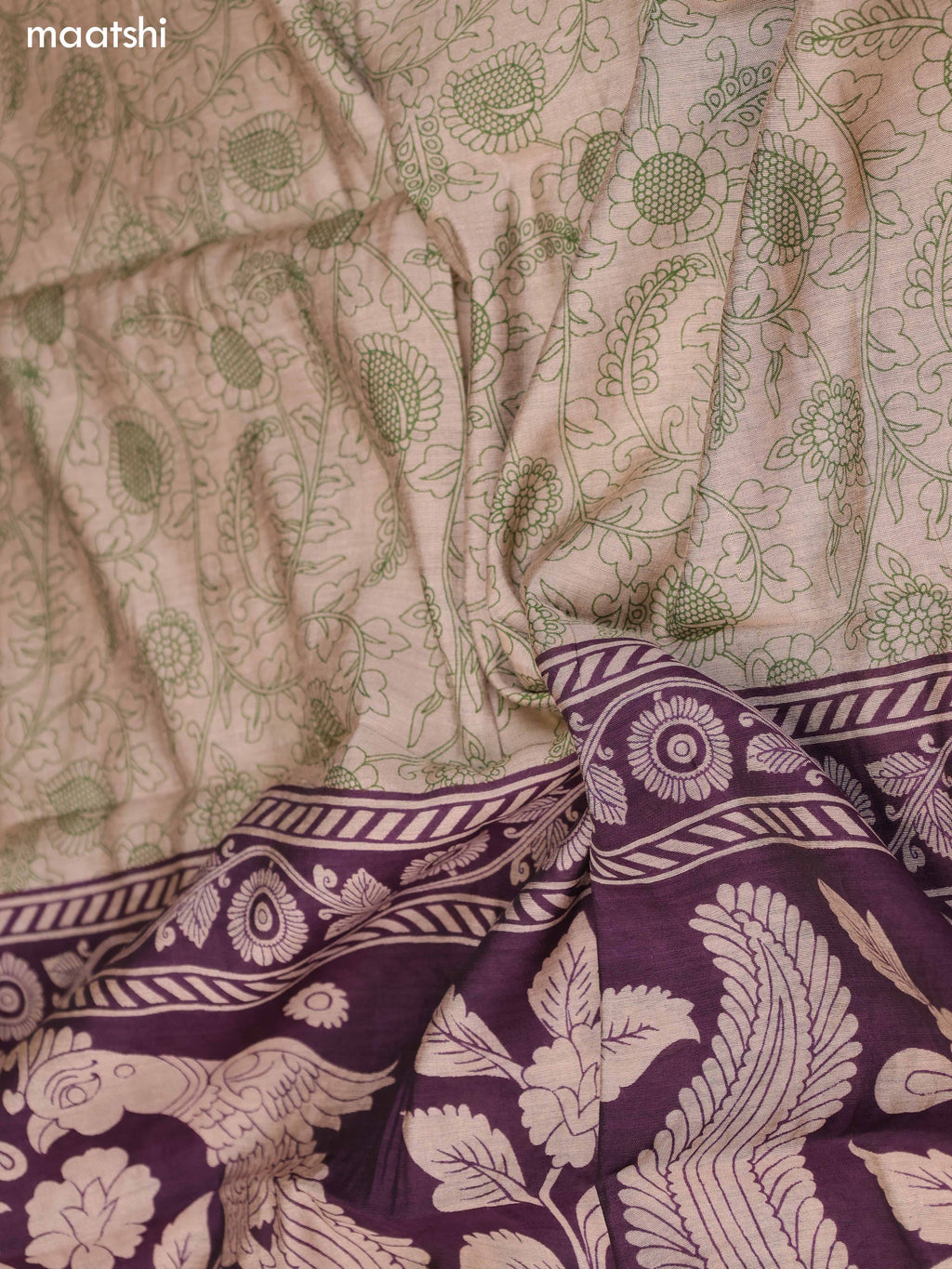Purple and Green Art Silk Dress Material With Allover Kalamkari Prints and Bottom & Dupatta