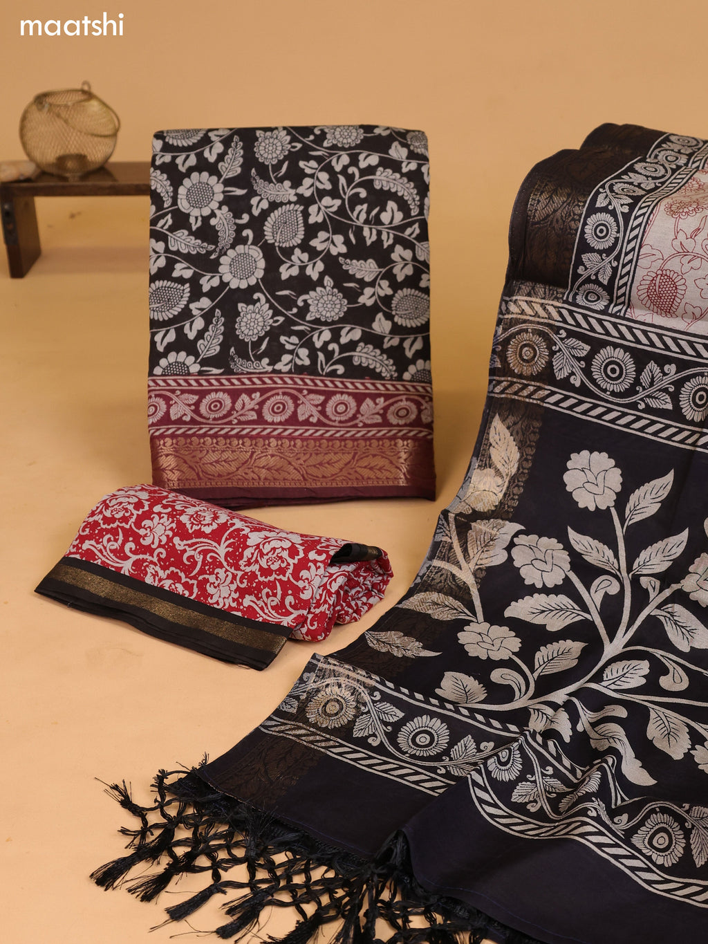 Dark Brown and Rust Art Silk Dress Material With Allover Kalamkari Prints and Bottom & Dupatta
