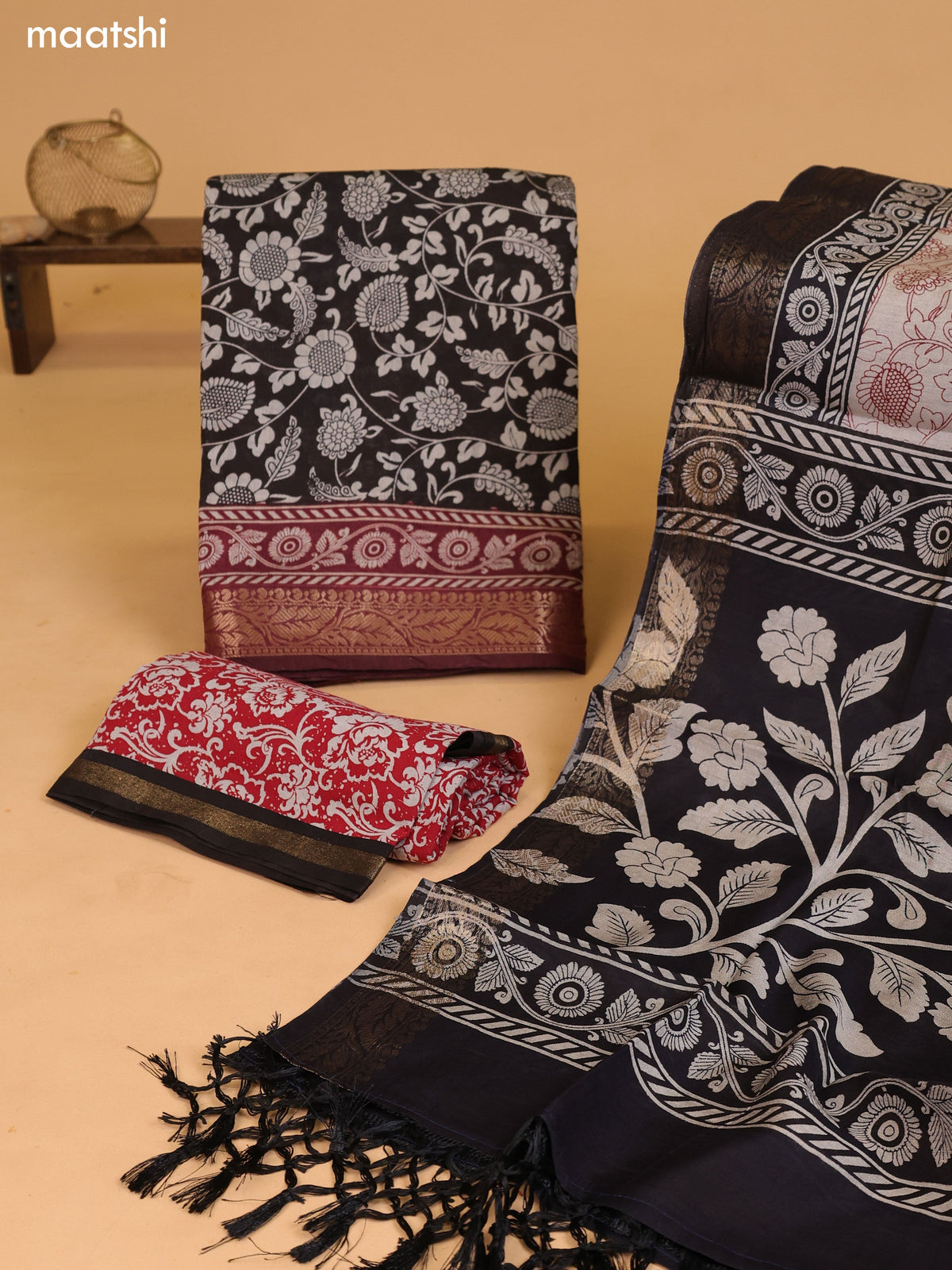 Dark Brown and Rust Art Silk Dress Material With Allover Kalamkari Prints and Bottom & Dupatta