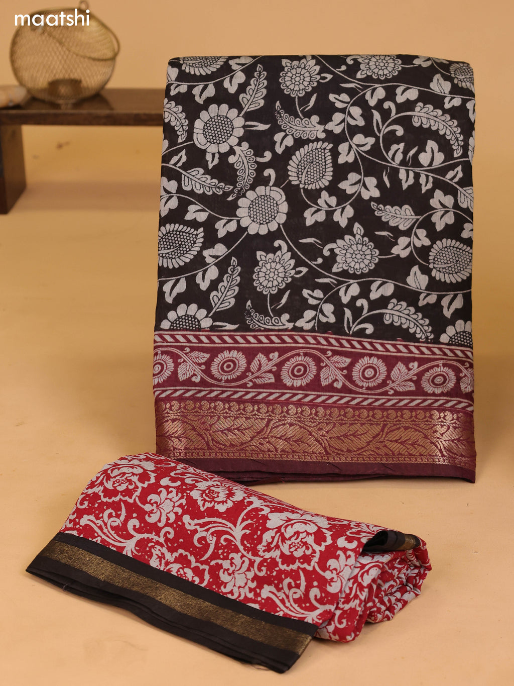Dark Brown and Rust Art Silk Dress Material With Allover Kalamkari Prints and Bottom & Dupatta