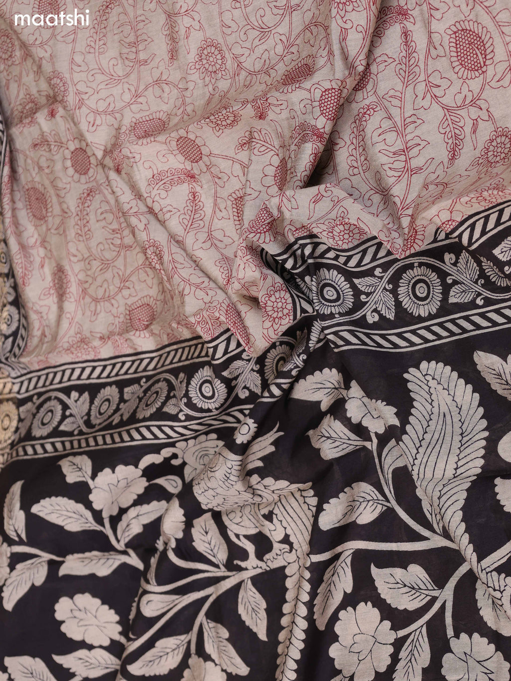 Dark Brown and Rust Art Silk Dress Material With Allover Kalamkari Prints and Bottom & Dupatta