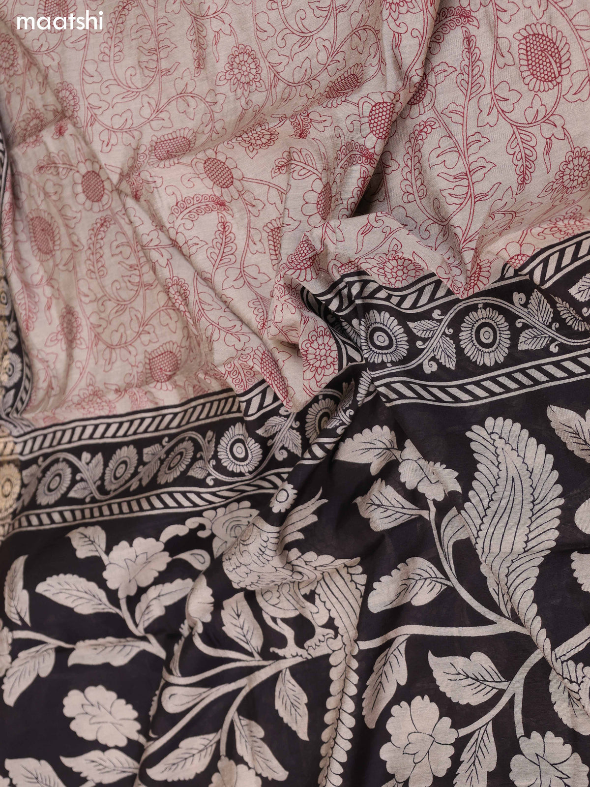 Dark Brown and Rust Art Silk Dress Material With Allover Kalamkari Prints and Bottom & Dupatta