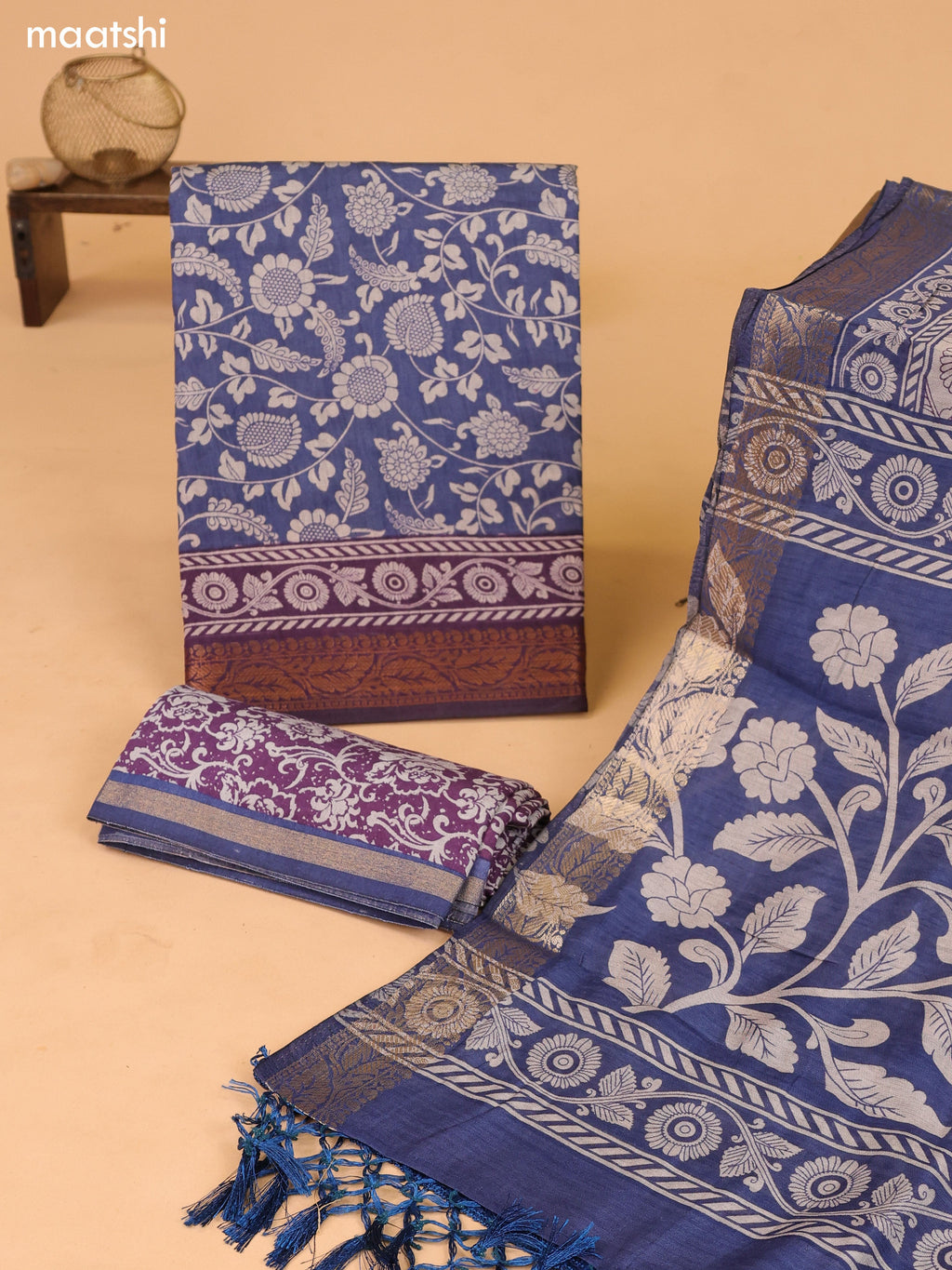 Blue and Pastel Purple Art Silk Dress Material With Allover Kalamkari Prints and Bottom & Dupatta