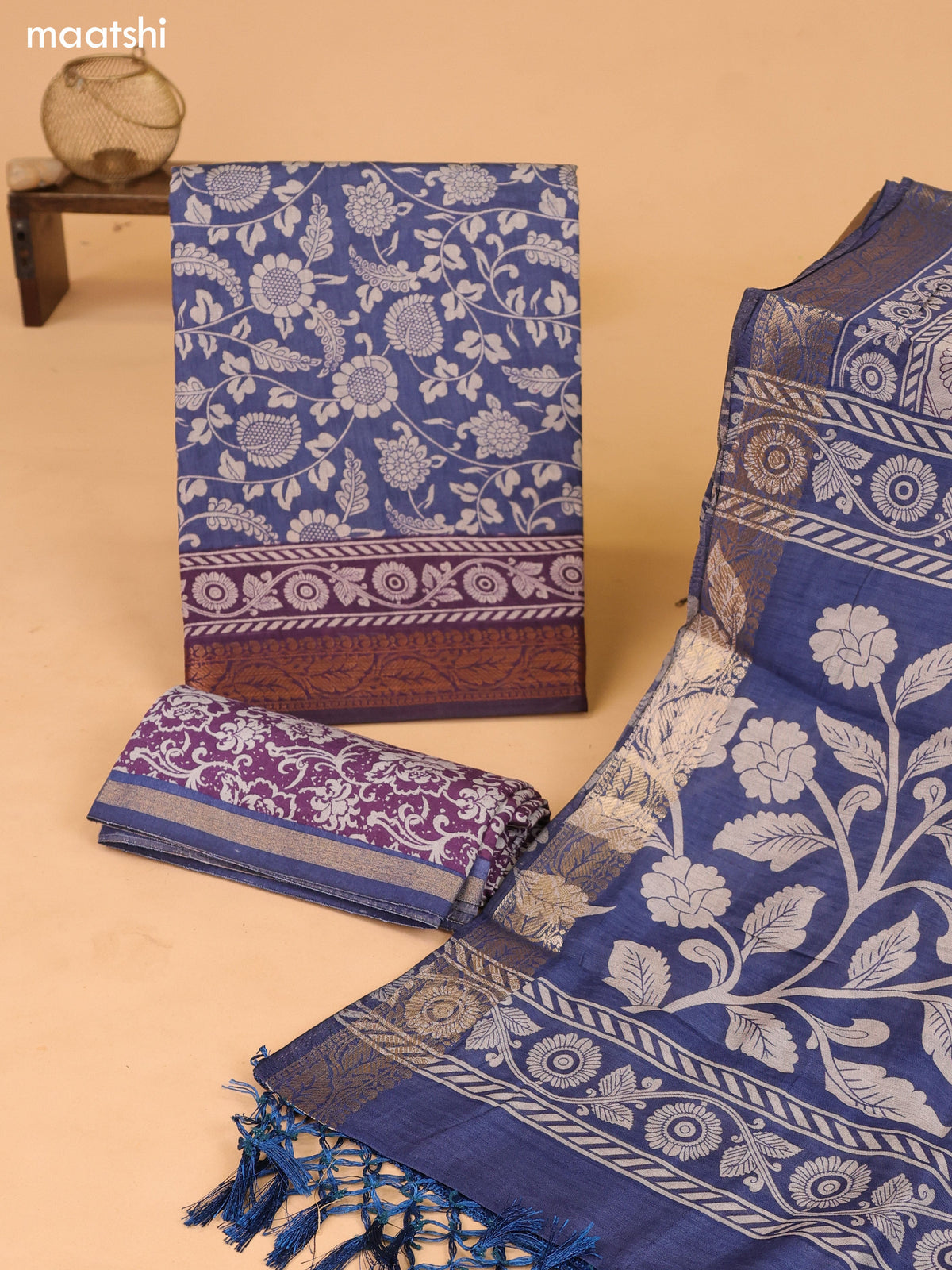 Blue and Pastel Purple Art Silk Dress Material With Allover Kalamkari Prints and Bottom & Dupatta