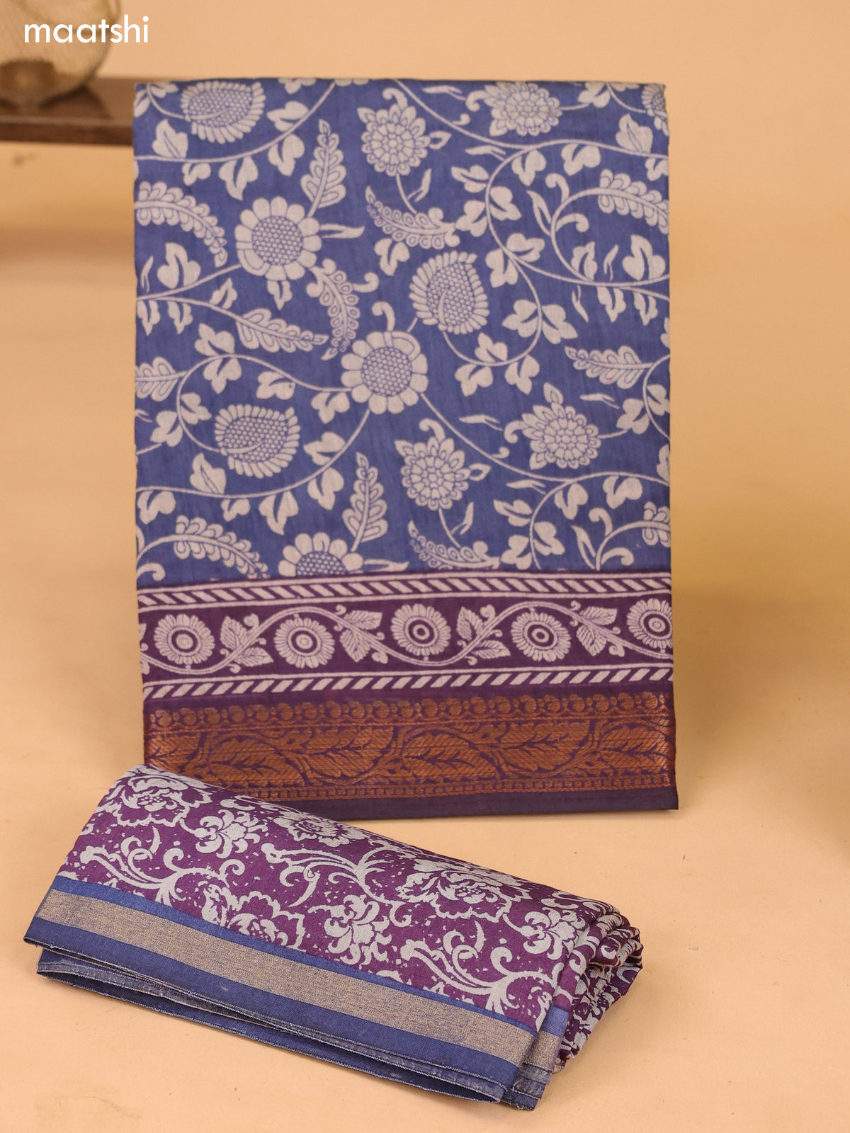 Blue and Pastel Purple Art Silk Dress Material With Allover Kalamkari Prints and Bottom & Dupatta