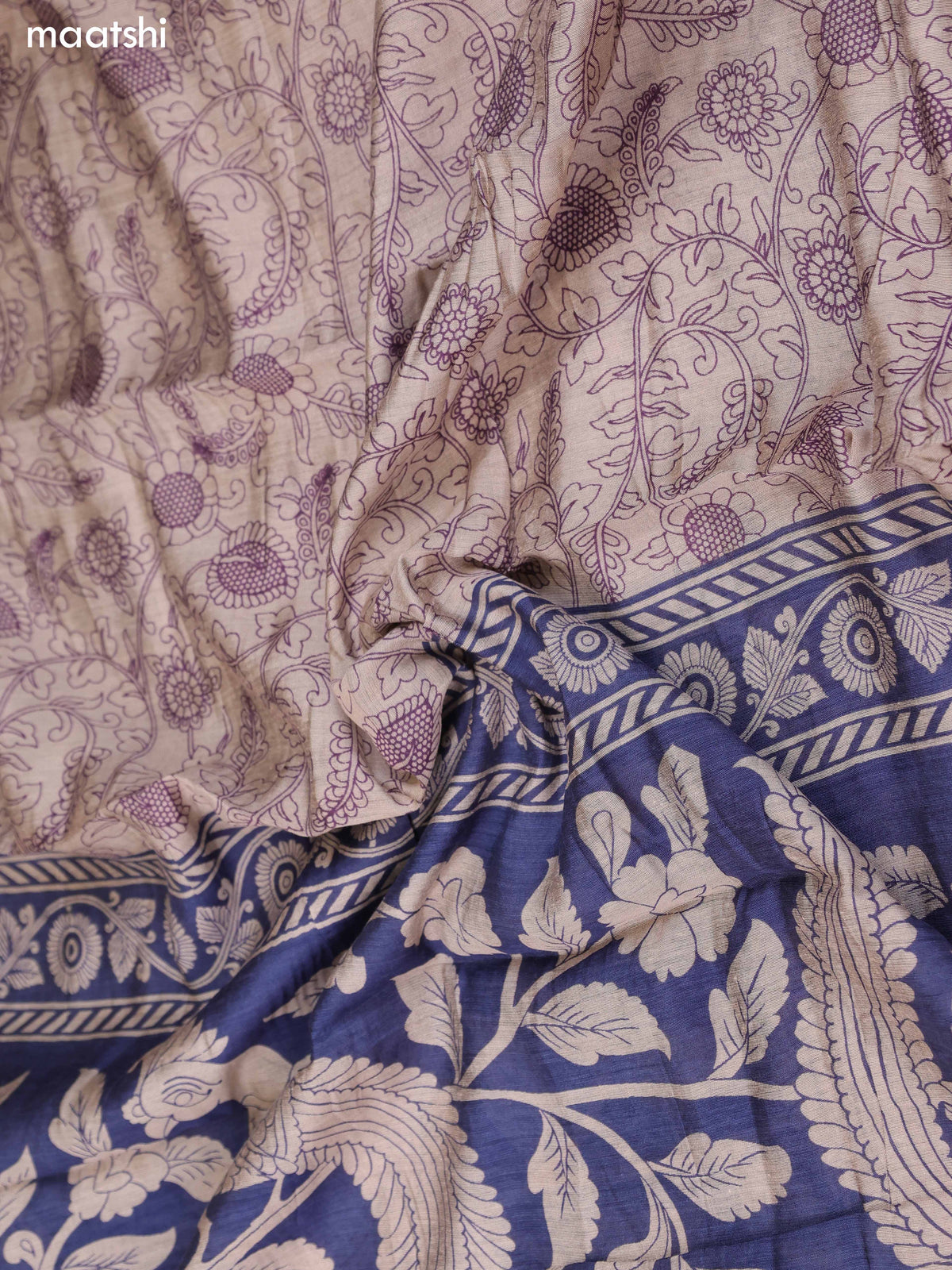 Blue and Pastel Purple Art Silk Dress Material With Allover Kalamkari Prints and Bottom & Dupatta