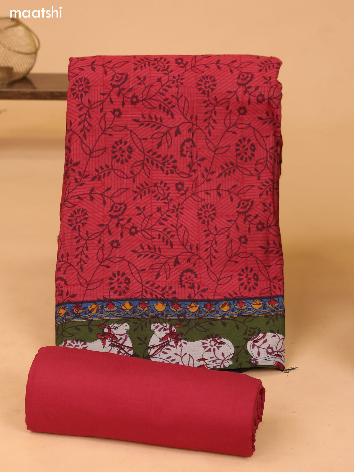 Reddish Pink and Green Art Silk Dress Material With Allover Prints and Bottom & Dupatta