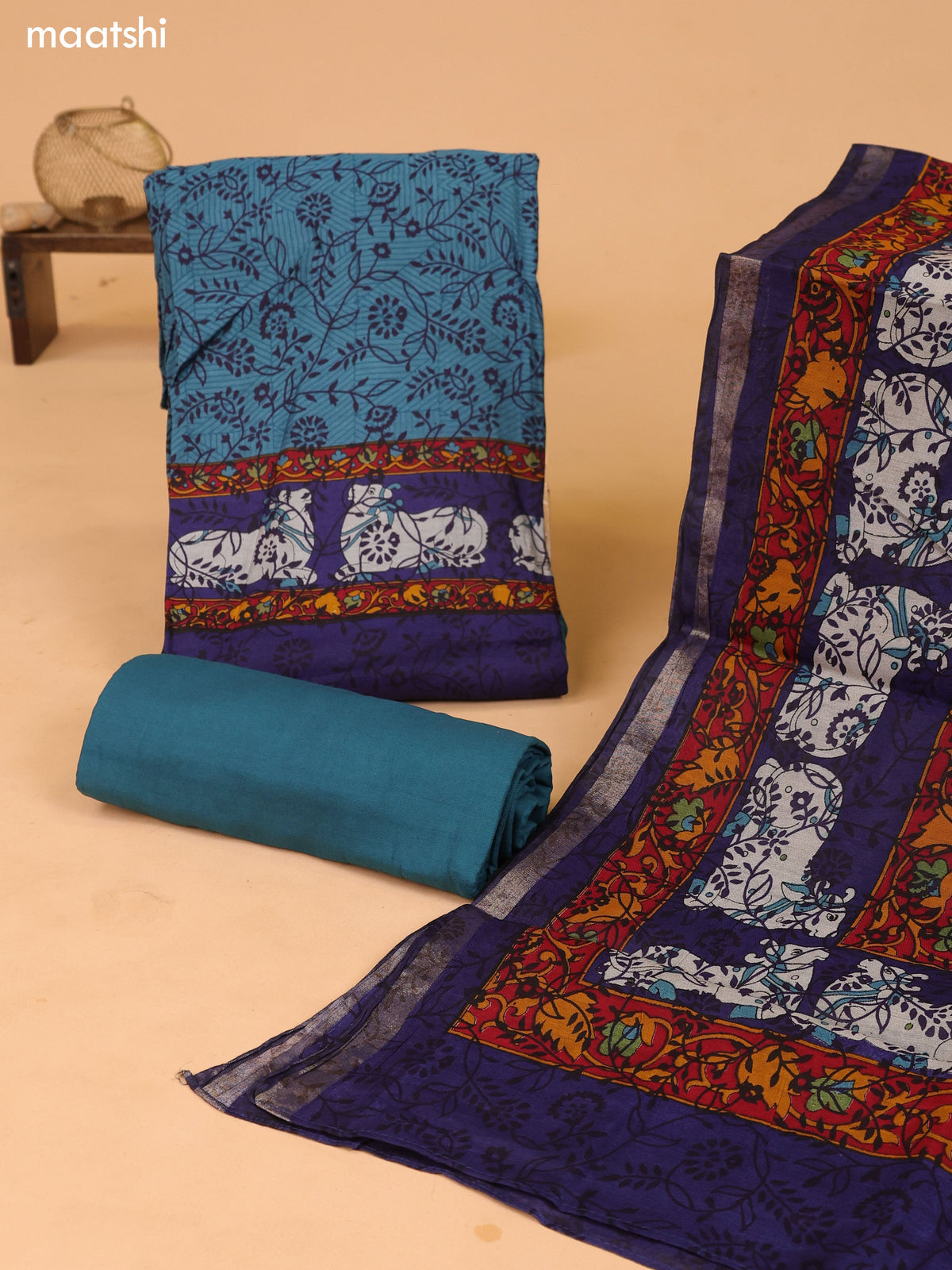 Teal green and Blue Art Silk Dress Material With Allover Prints and Bottom & Dupatta