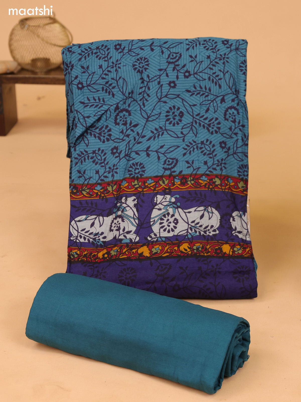 Teal green and Blue Art Silk Dress Material With Allover Prints and Bottom & Dupatta