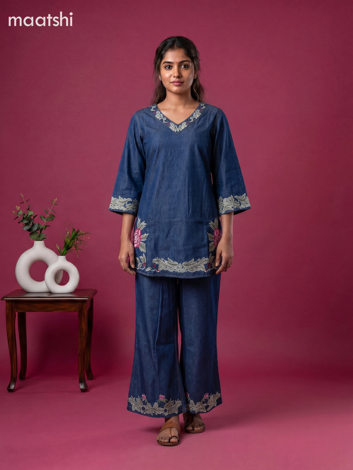 Blue Denim Cotton Embroidery Work Short Co-Ord Set