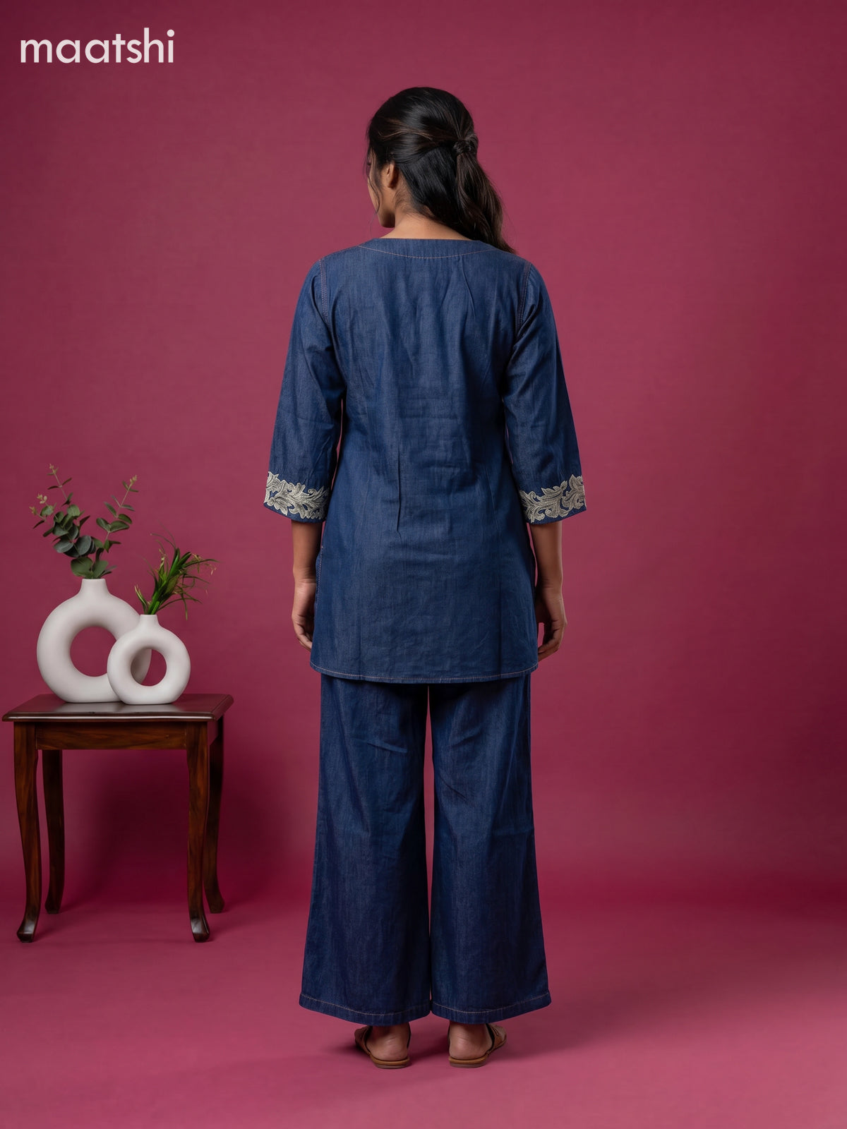 Blue Denim Cotton Embroidery Work Short Co-Ord Set