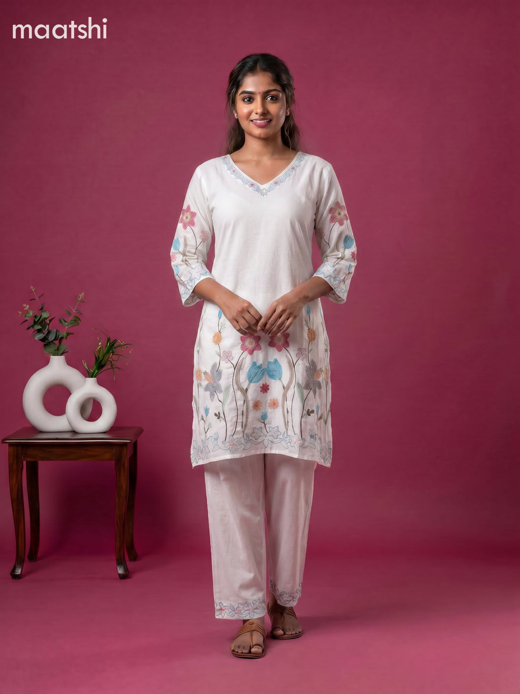 Off White Cotton Embroidery Work Kurti Set