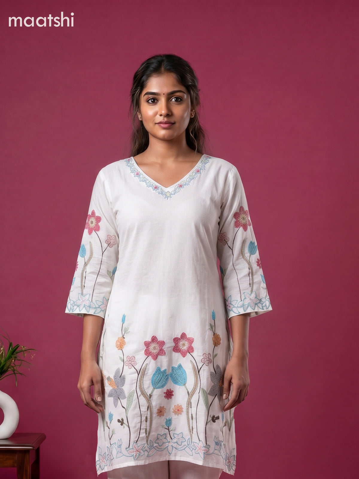 Off White Cotton Embroidery Work Kurti Set