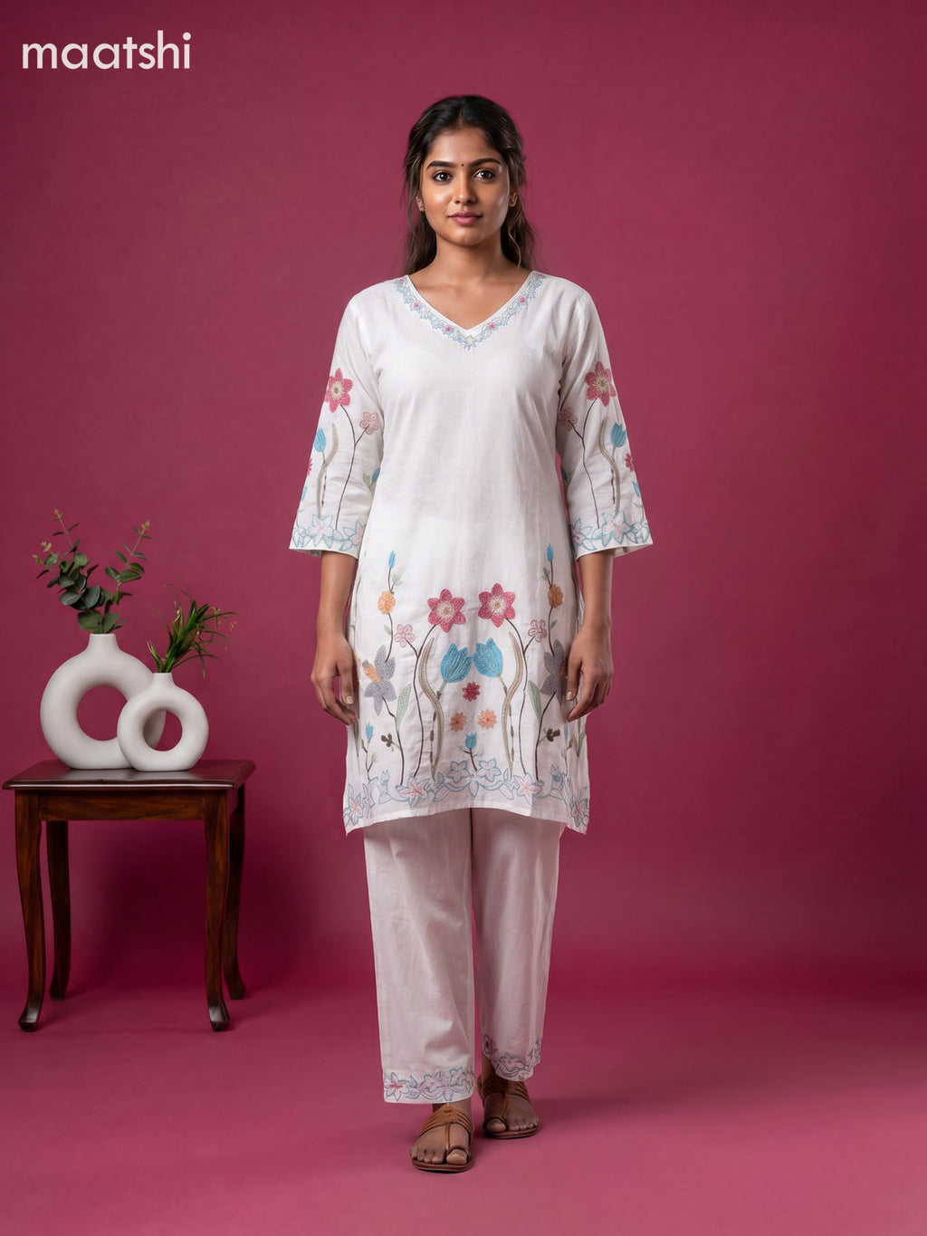 Off White Cotton Embroidery Work Kurti Set