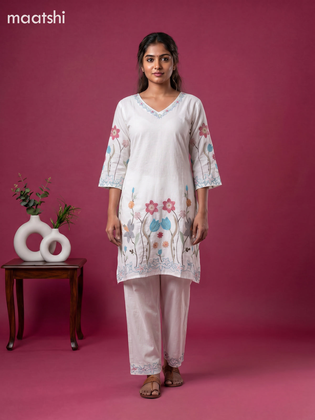 Off White Cotton Embroidery Work Kurti Set