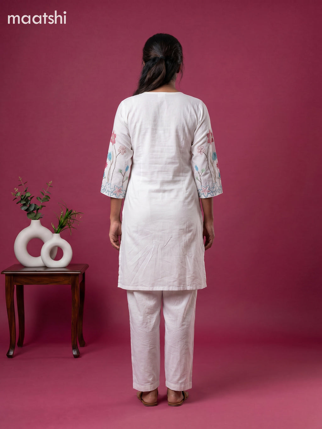 Off White Cotton Embroidery Work Kurti Set
