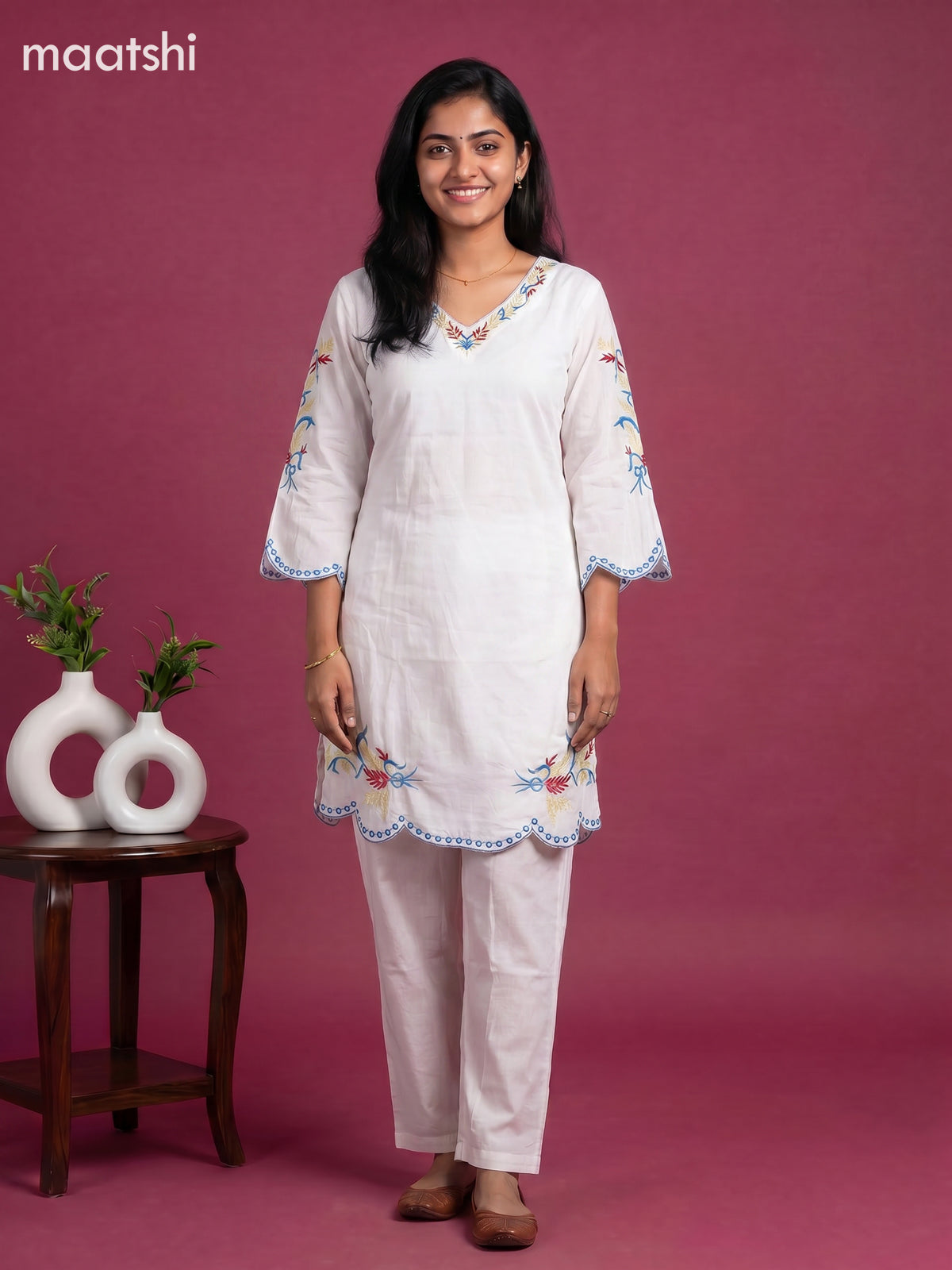 Off White Cotton Embroidery Work Kurti Set