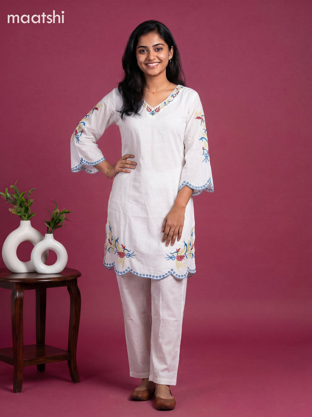 Off White Cotton Embroidery Work Kurti Set