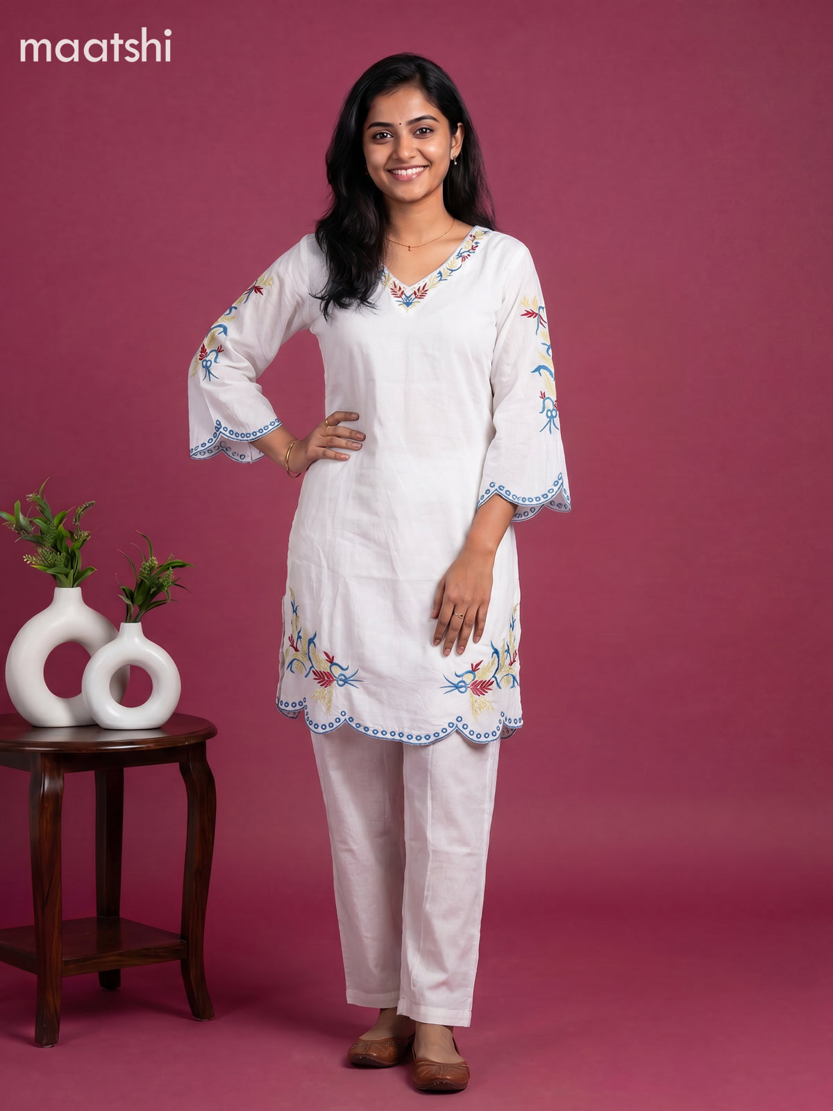 Off White Cotton Embroidery Work Kurti Set
