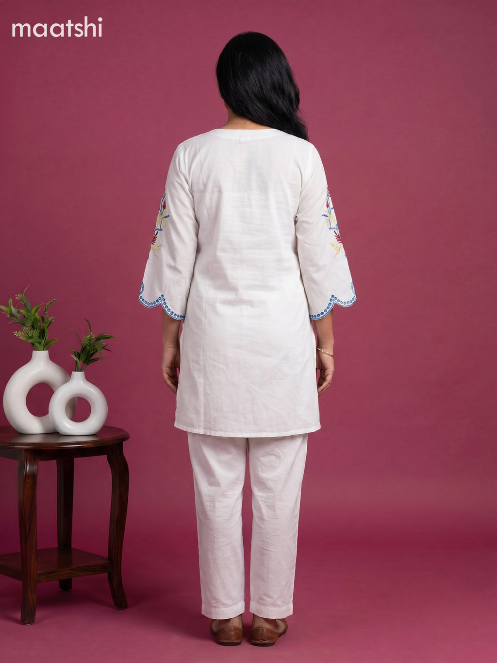 Off White Cotton Embroidery Work Kurti Set