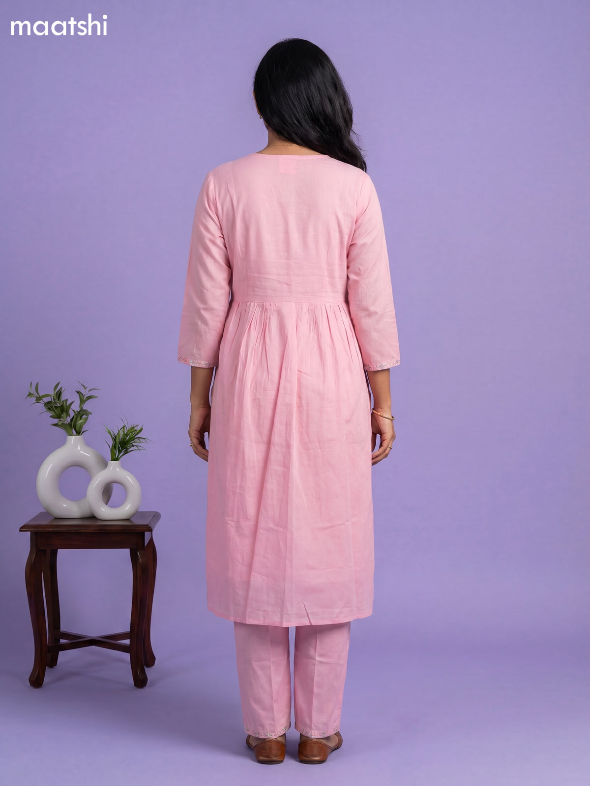 Baby Pink Cotton Embroidery Work Straight Suit