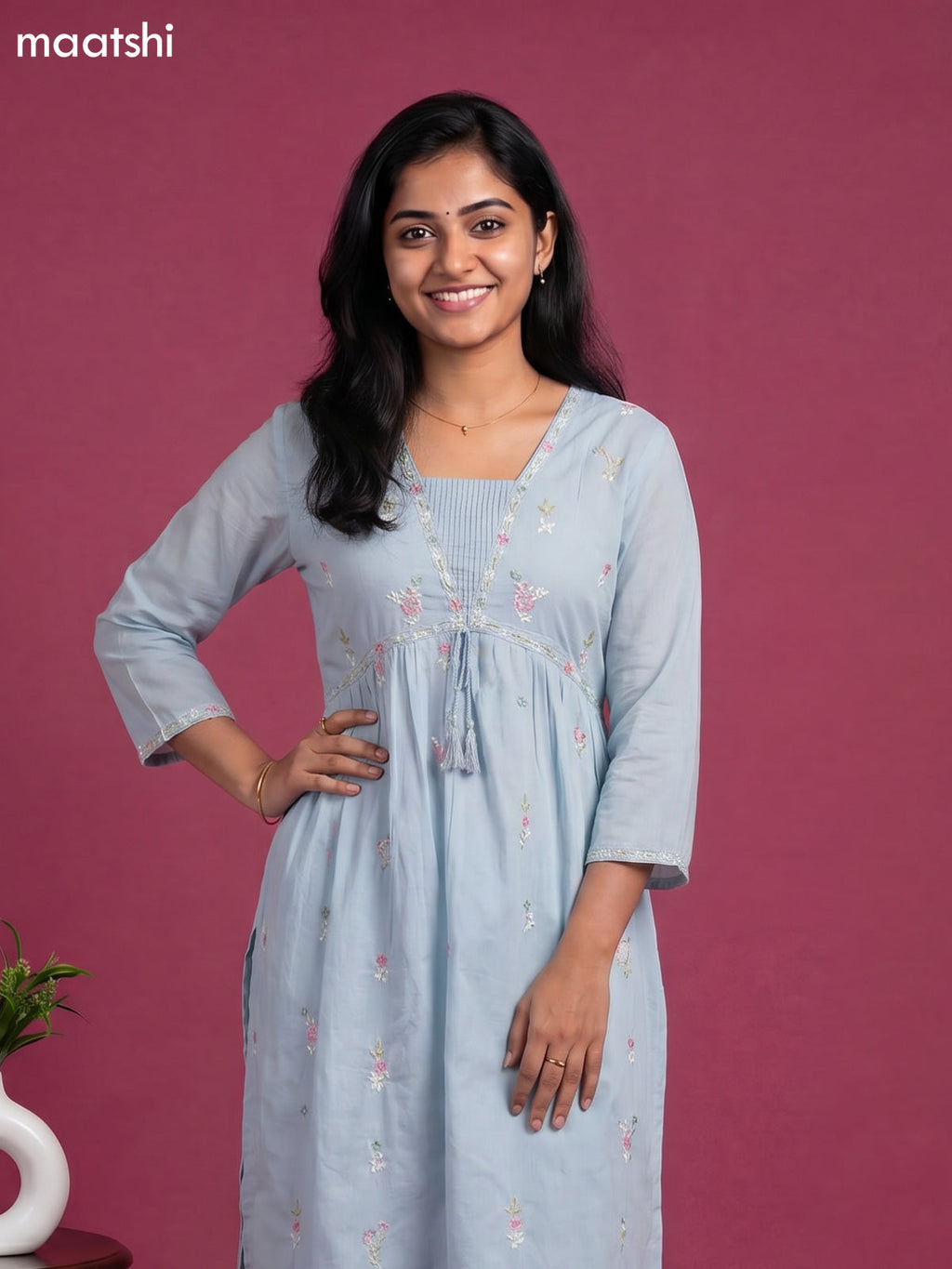 Pastel Blue Cotton Embroidery Work Straight Suit