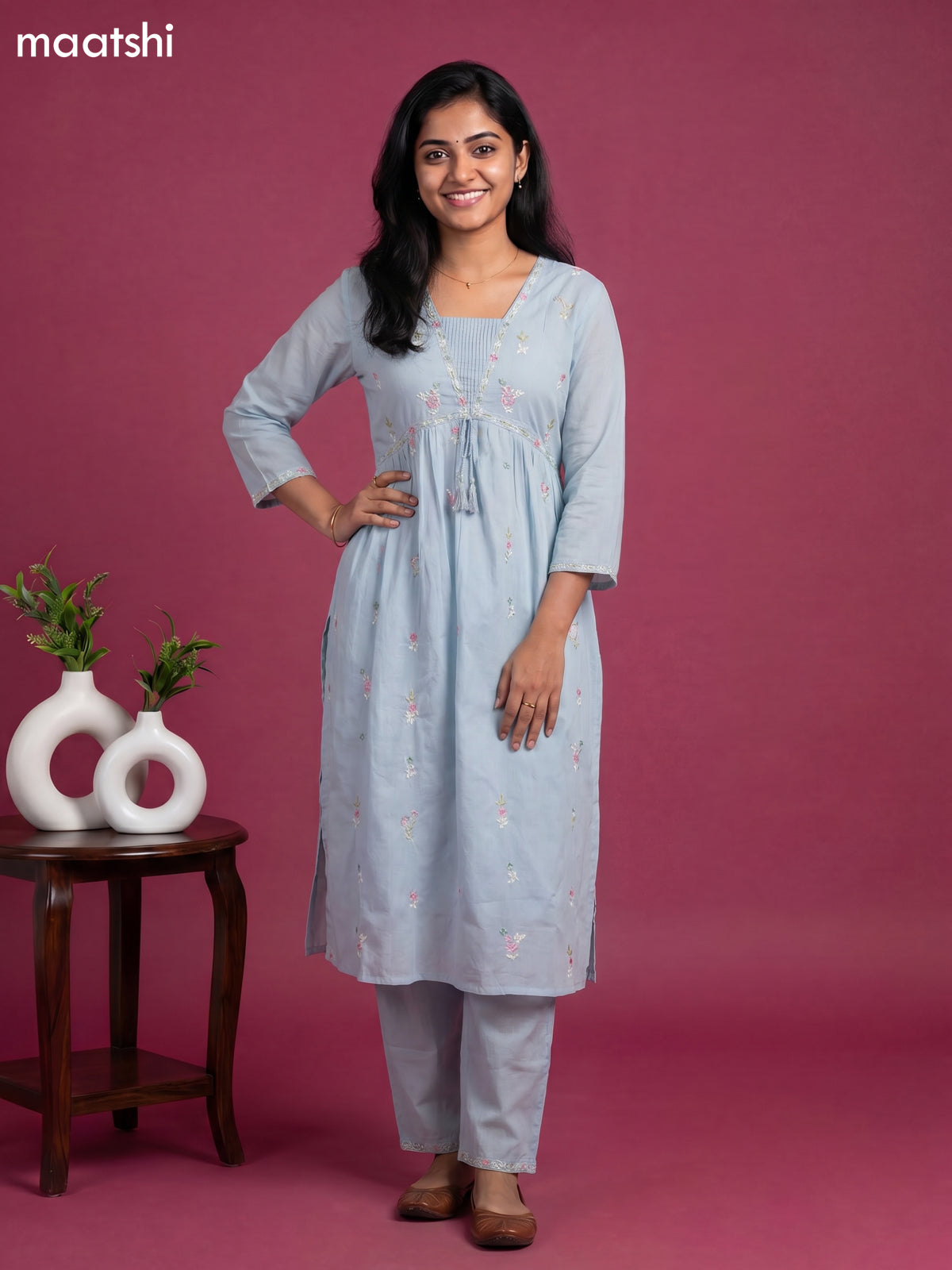 Pastel Blue Cotton Embroidery Work Straight Suit