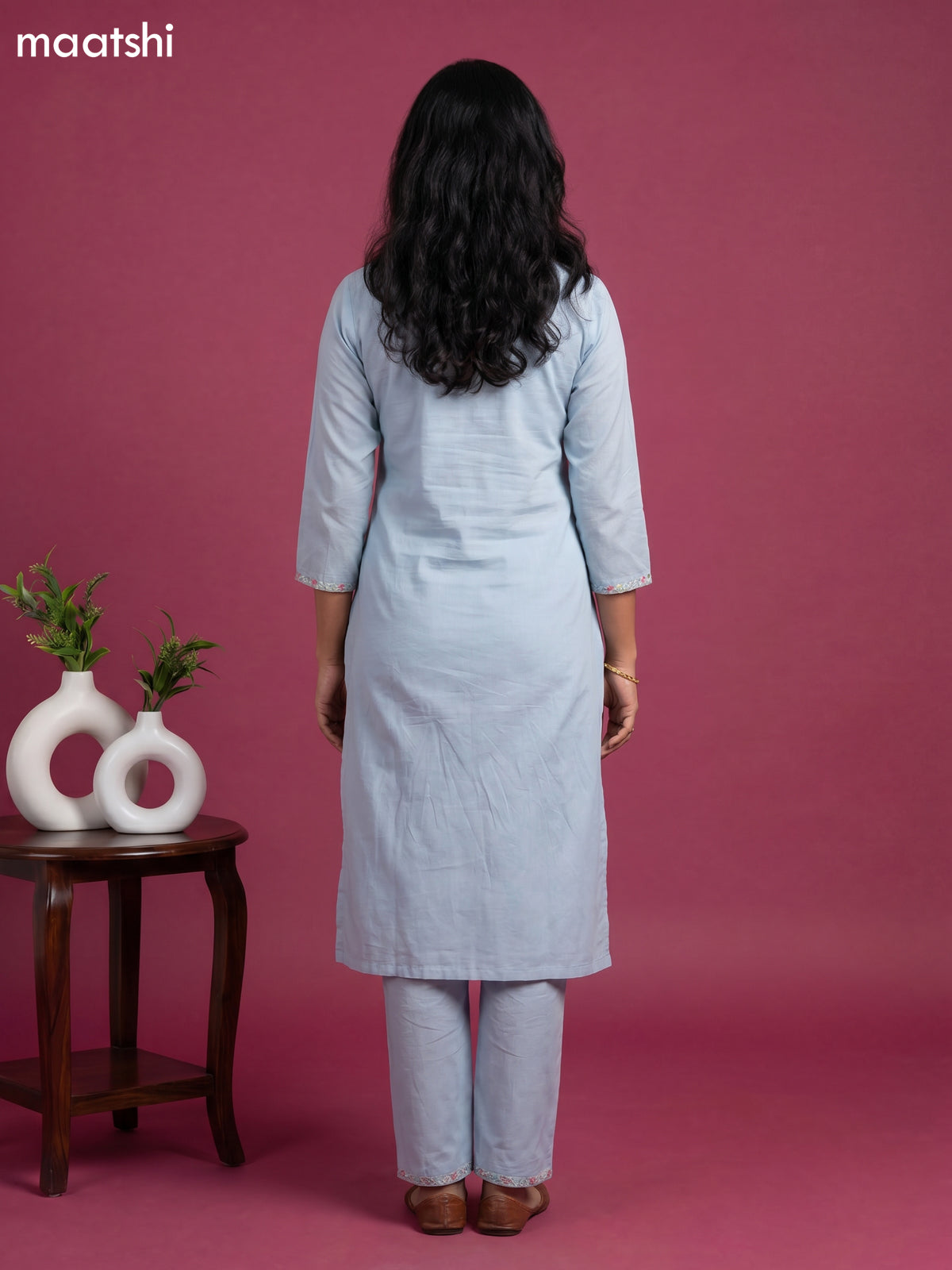 Pastel Blue Cotton Embroidery Work Straight Suit