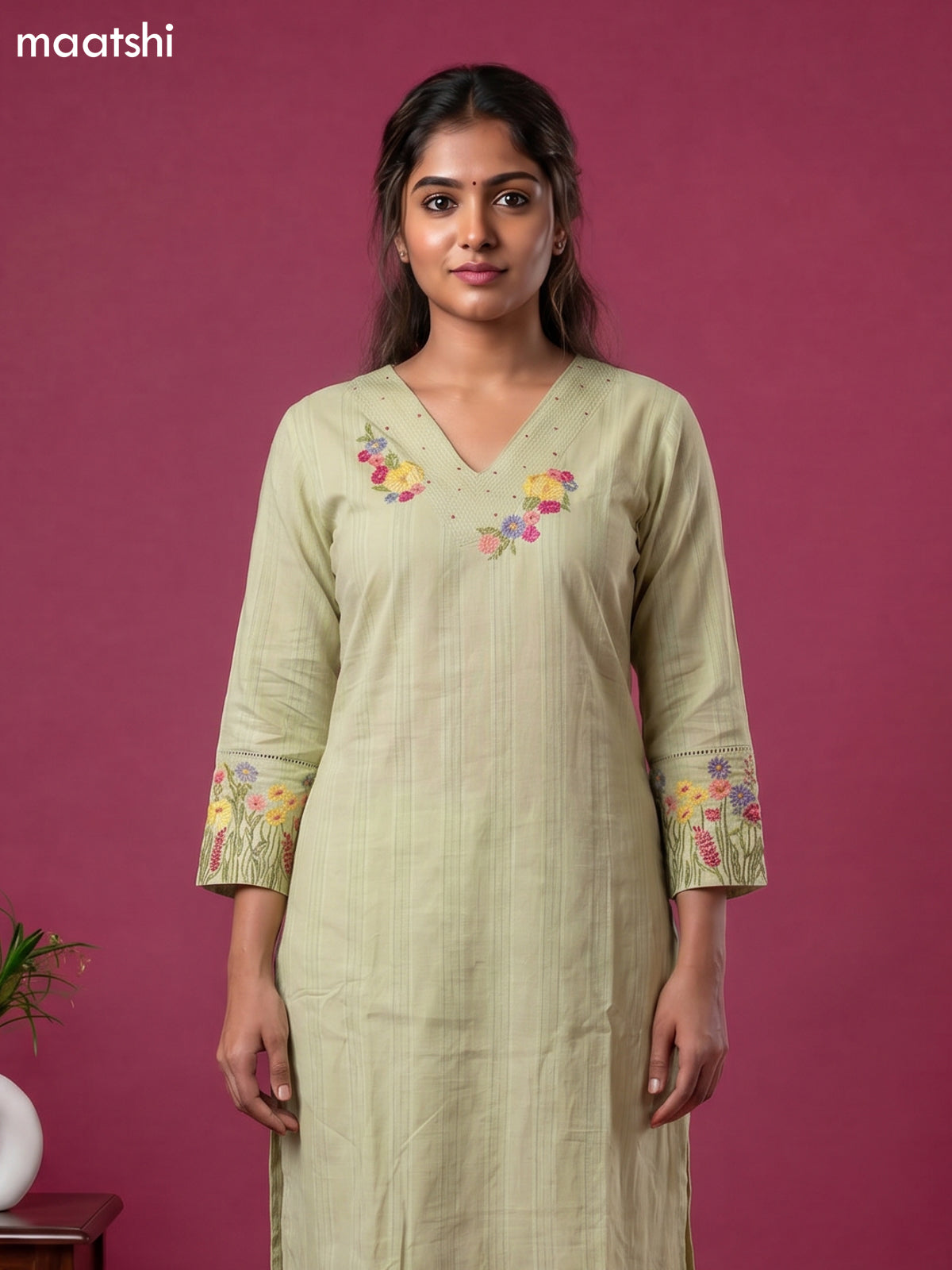Pastel Green Cotton Embroidery Work Straight Suit