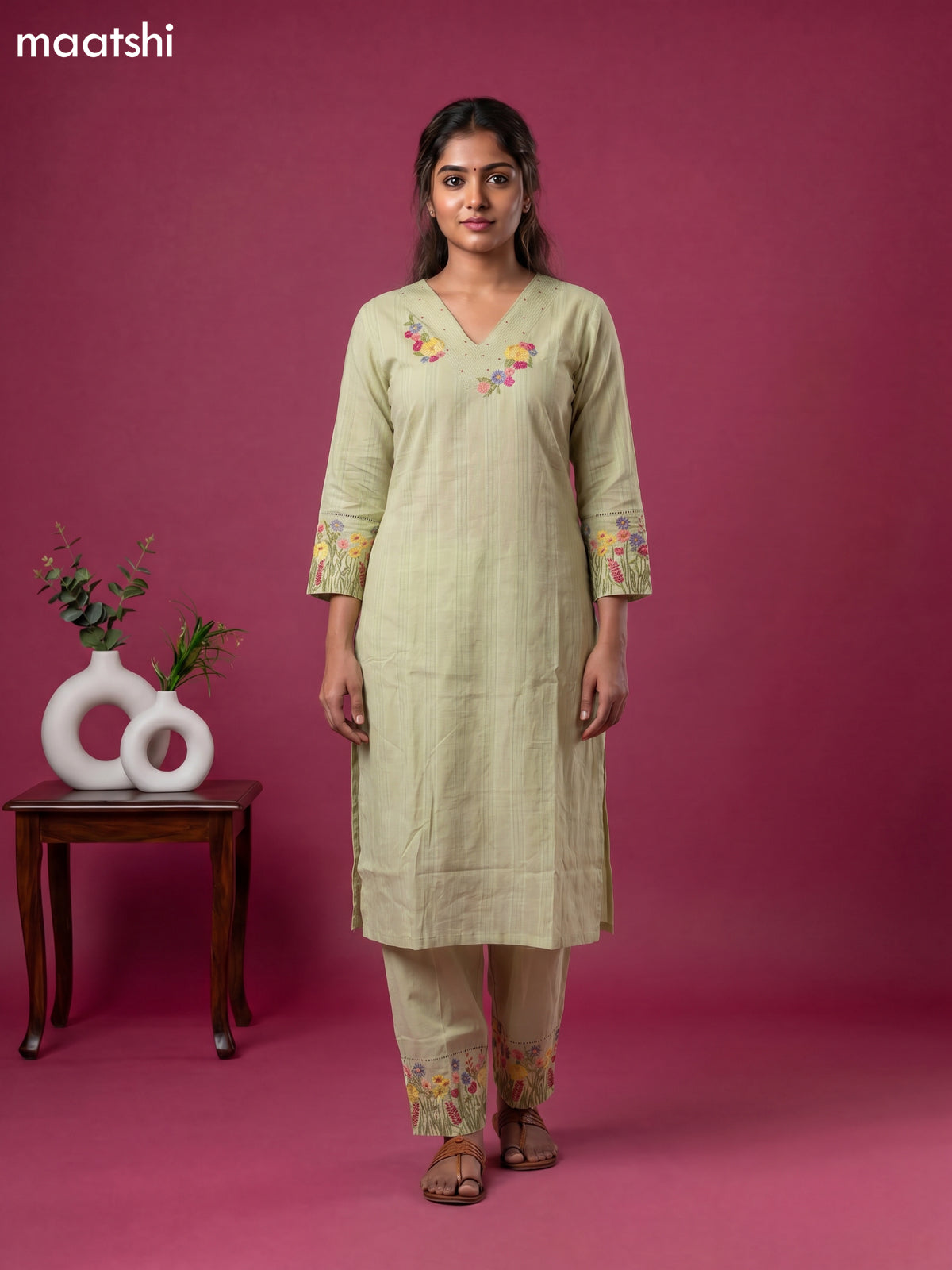 Pastel Green Cotton Embroidery Work Straight Suit
