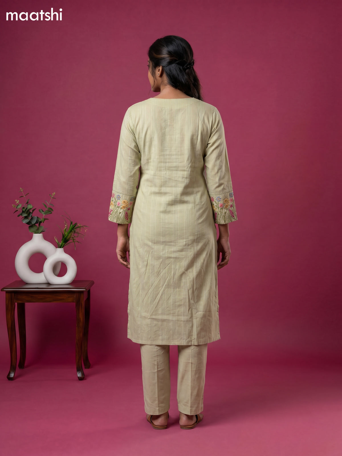 Pastel Green Cotton Embroidery Work Straight Suit