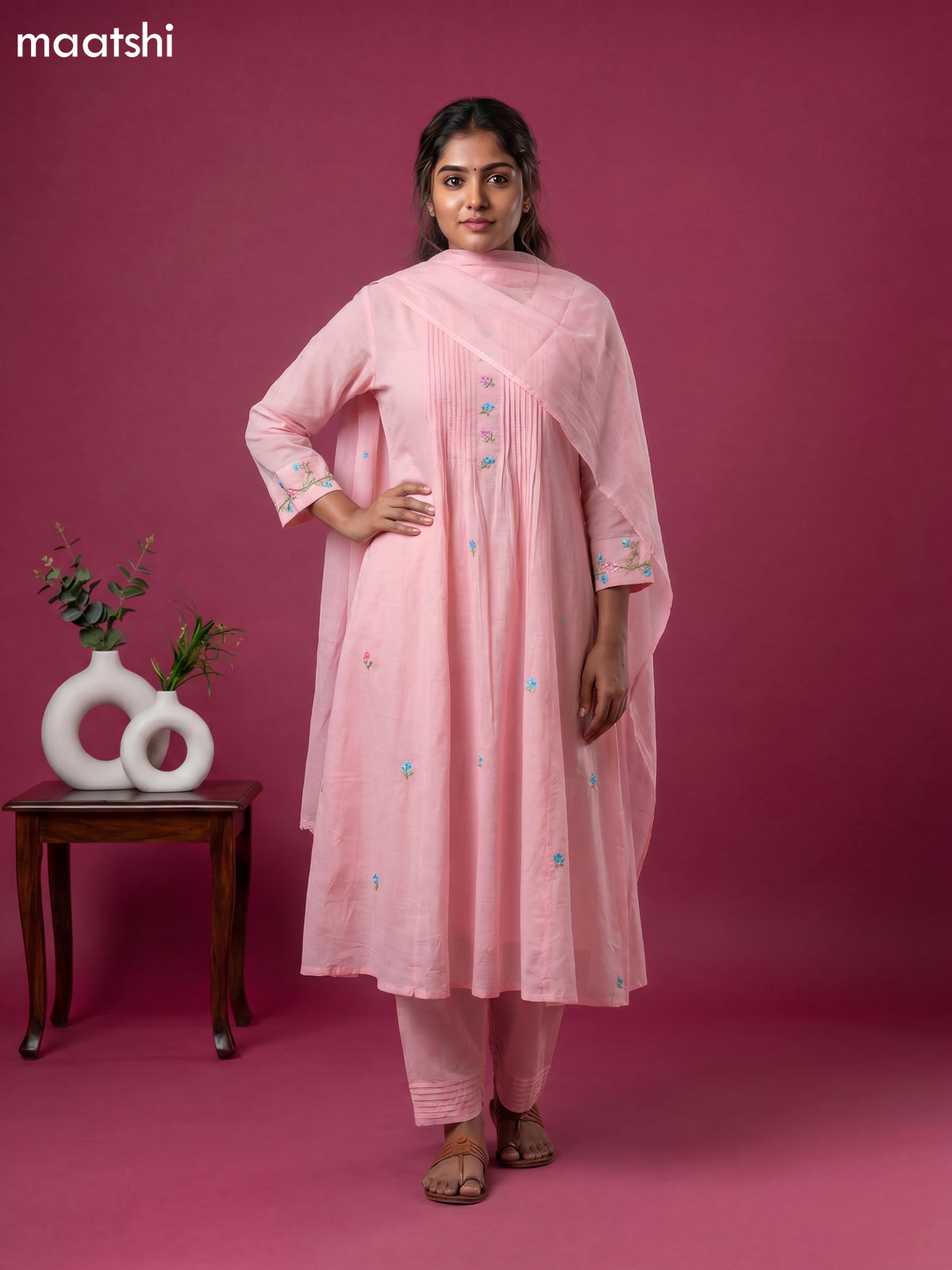 Baby Pink Cotton Embroidery Work Straight Suit