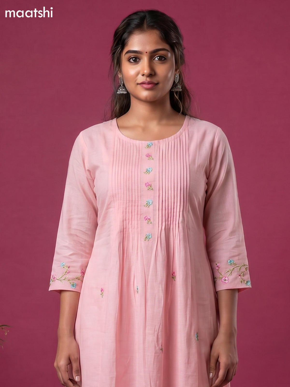 Baby Pink Cotton Embroidery Work Straight Suit