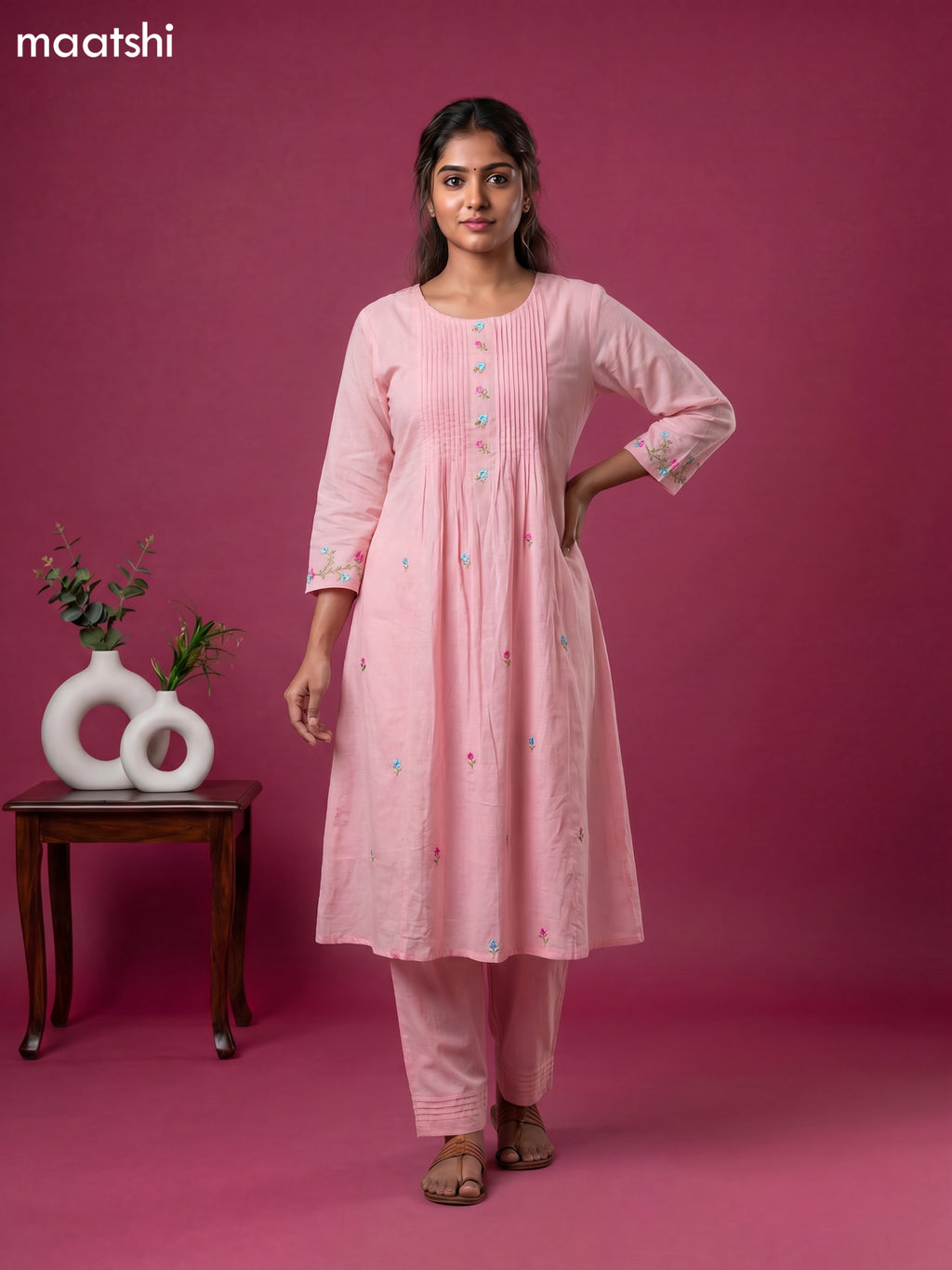 Baby Pink Cotton Embroidery Work Straight Suit