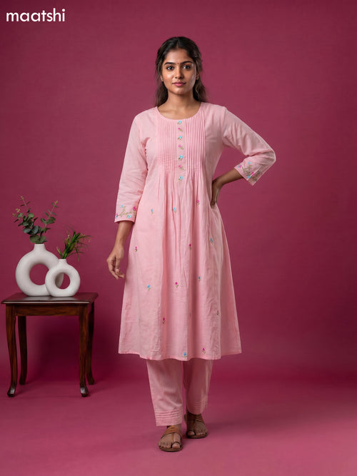 Baby Pink Cotton Embroidery Work Straight Suit