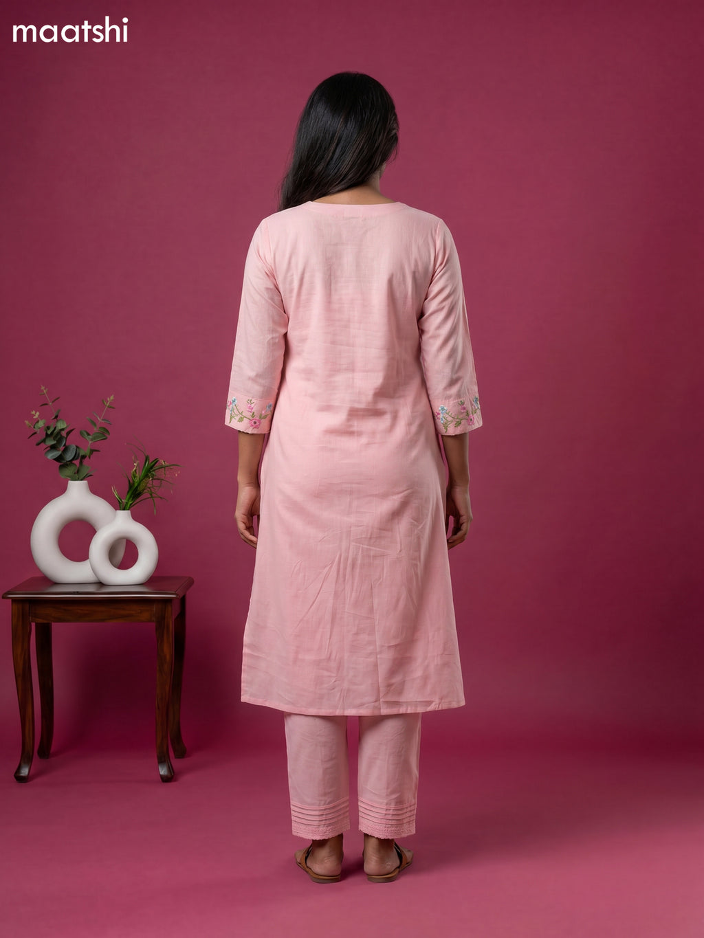 Baby Pink Cotton Embroidery Work Straight Suit