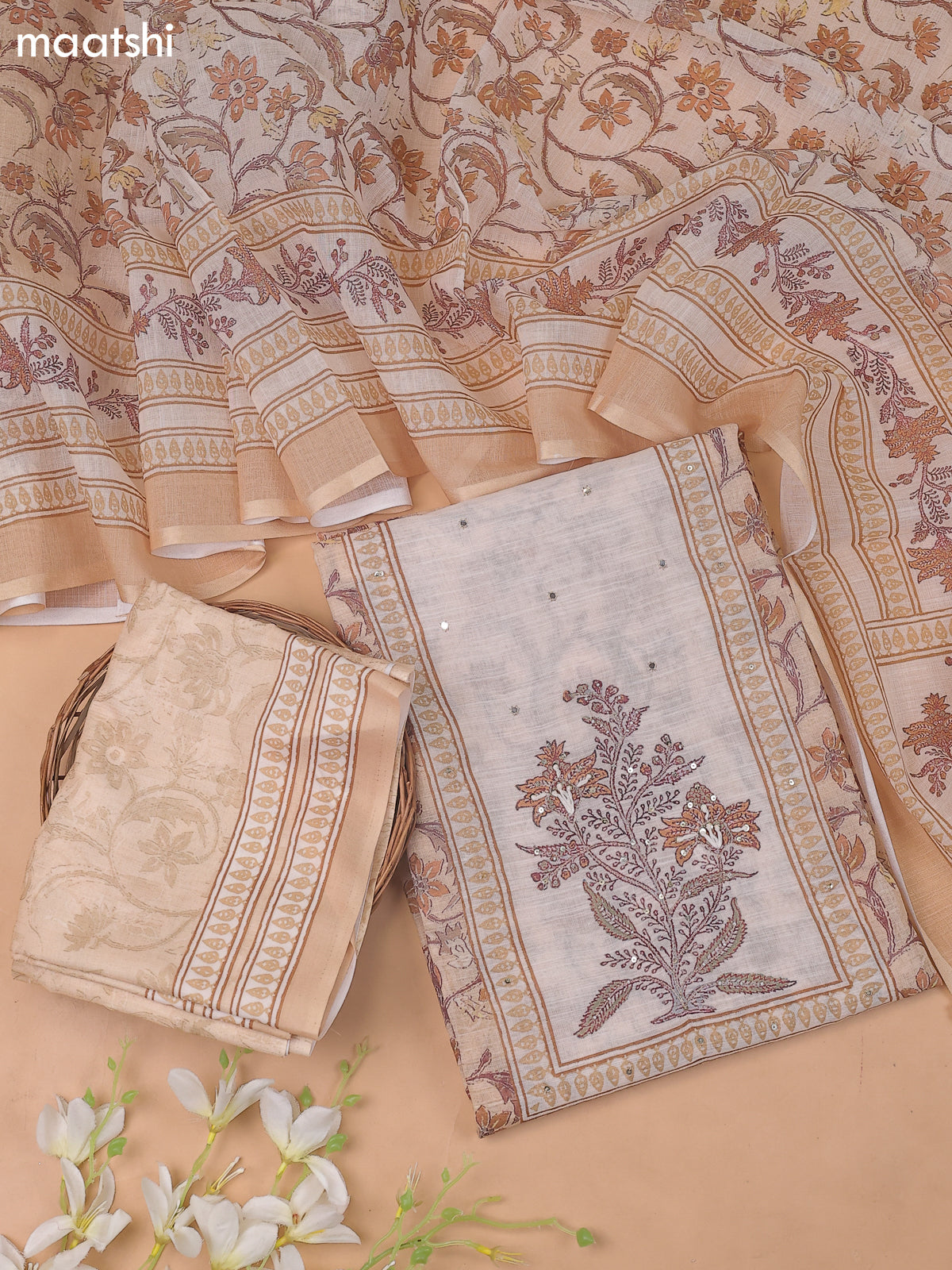 Sandal and Cream Linen Cotton Dress Materials With Floral Prints and Embroidry Work