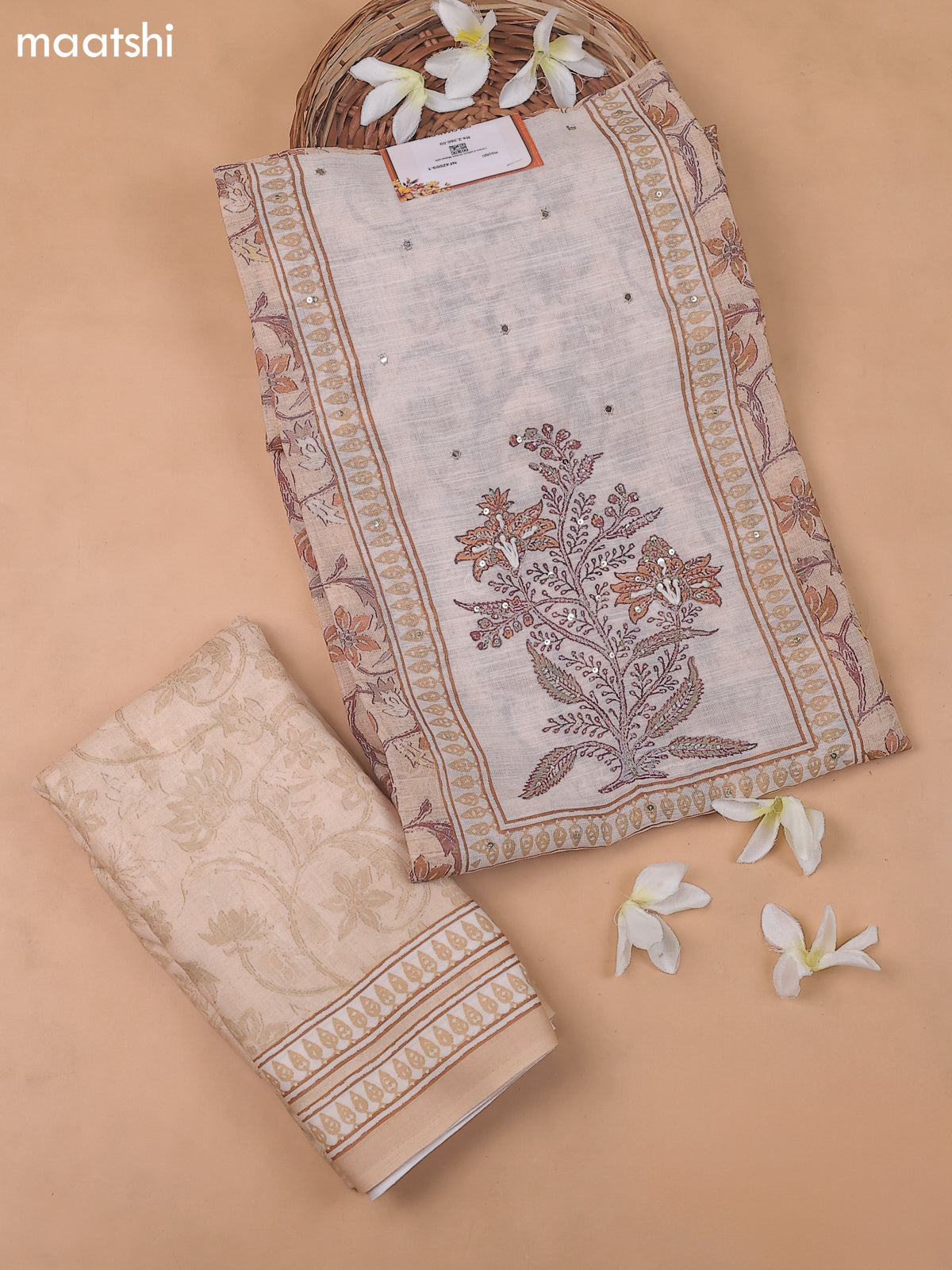 Sandal and Cream Linen Cotton Dress Materials With Floral Prints and Embroidry Work